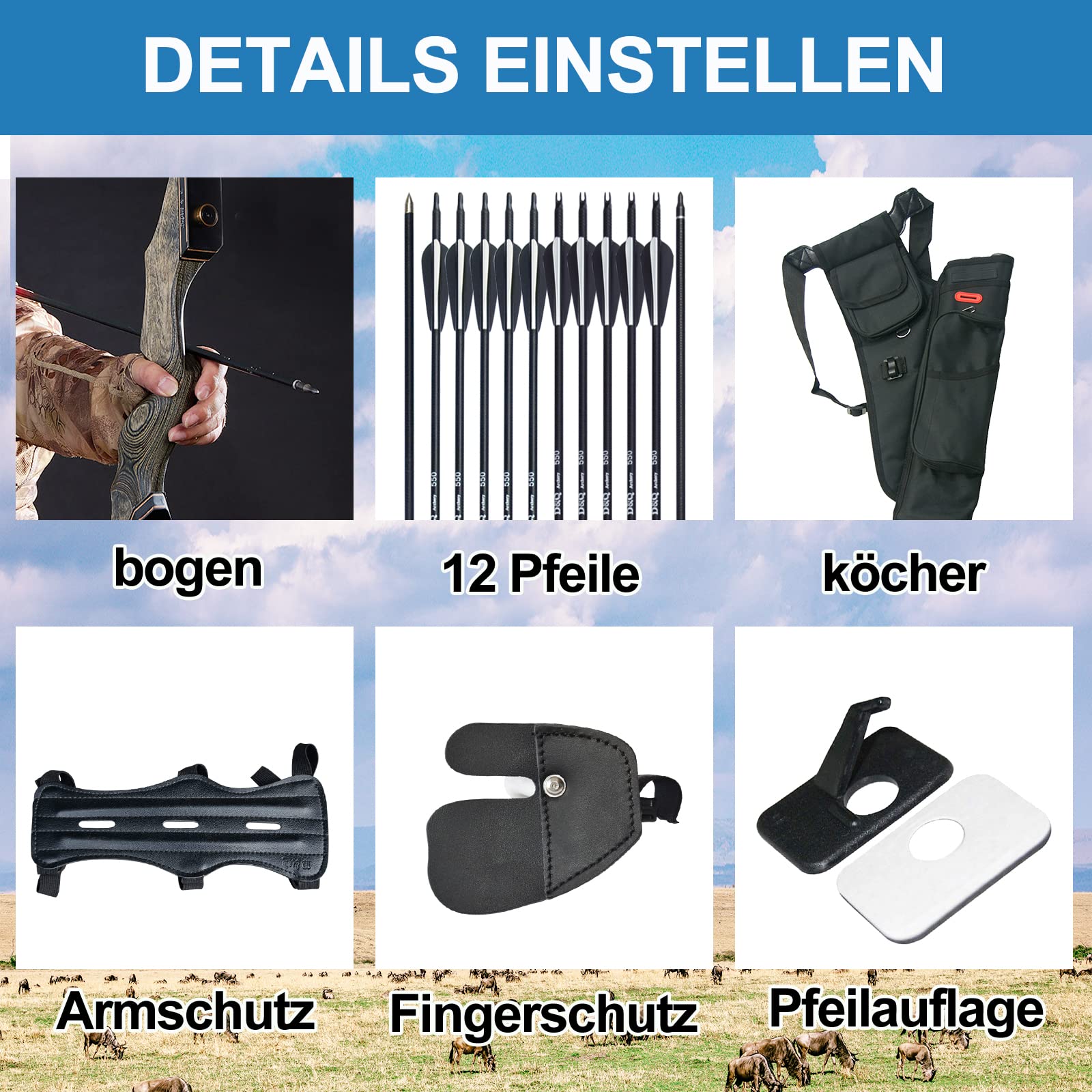 Recurvebogen 60 Zoll Pfeil und Bogen Set Erwachsene Bogenschießen Bogen und Jagdpfeil Set Rechte Hand 30lb 40lb 50lb 60lb
