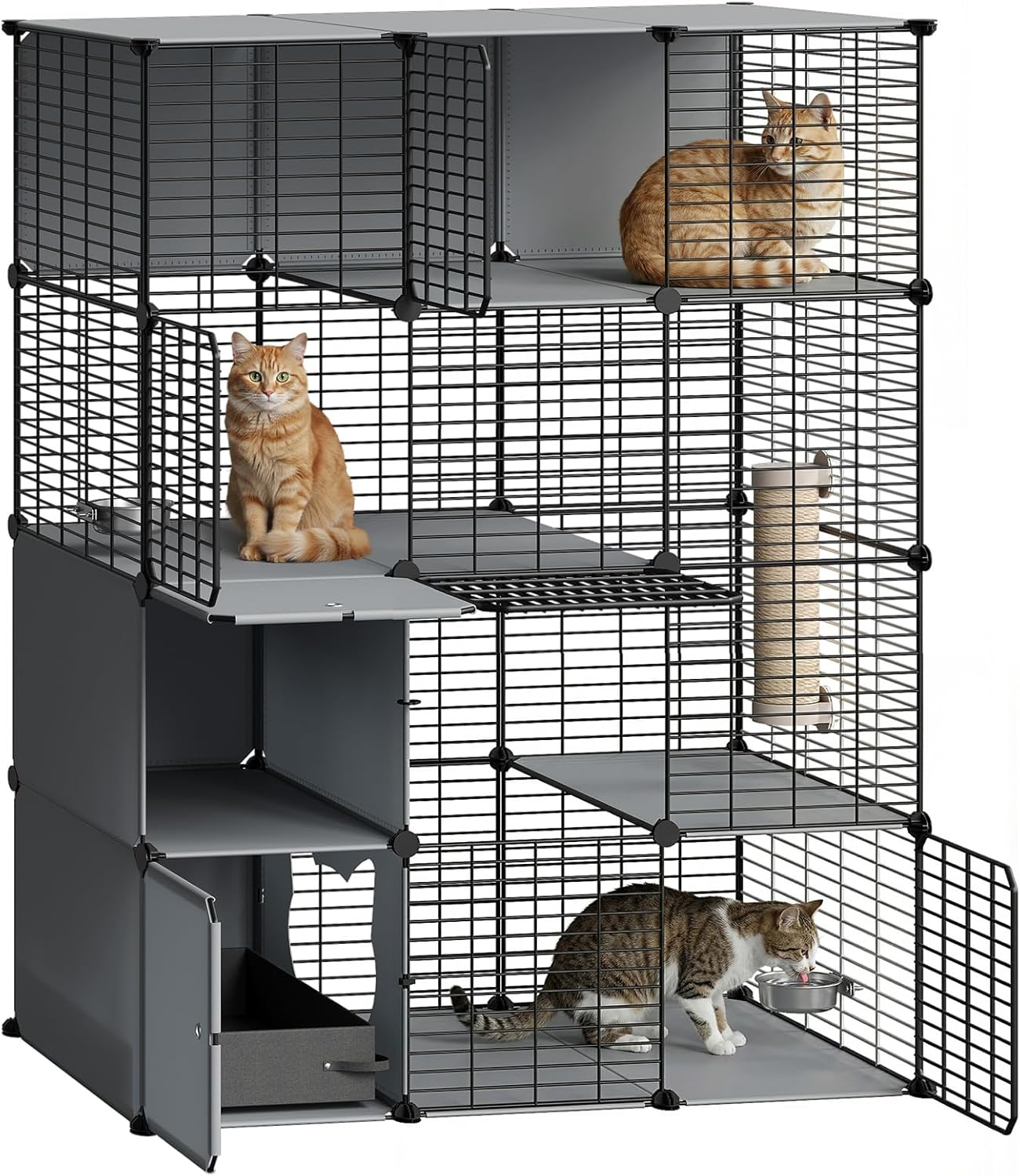 HOOBRO Large Cat Cage with Litter Box, 4 Tier Indoor Cat Enclosure Playpen with Storage, Food Bowls and Scratching Post, Detachable Metal Wire Kennel Crate, 41.3" L x 17.7" W x 55.9" H, Black and Grey