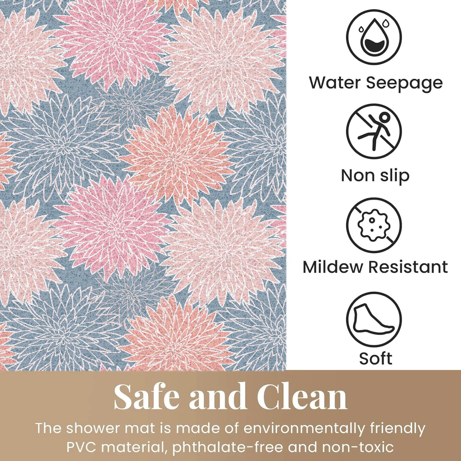Alfombrilla de ducha antideslizante, 100 x 100 cm, color gris y rosa, de PVC, antideslizante, para interiores, lavable y de secado rápido para superficies húmedas