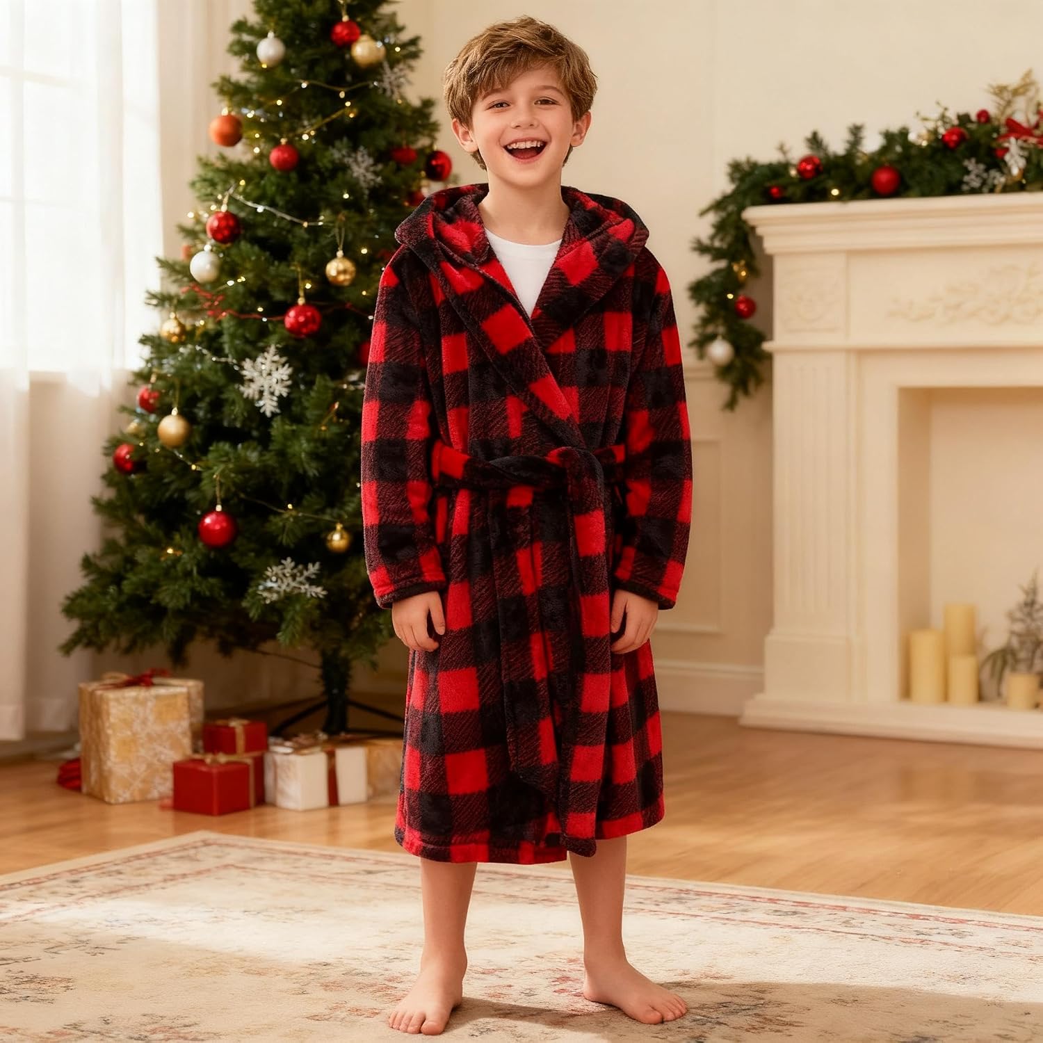 E.W Apparel Boys Fleece Robe Girls Hooded Bathrobe Toddlers Soft Fuzzy Robe for Kids