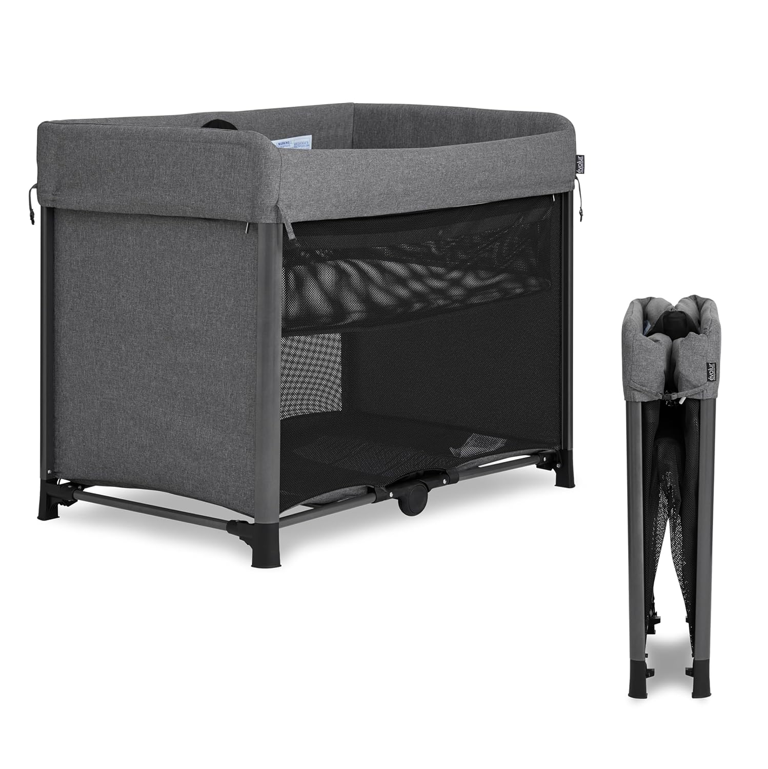 Evolur Zane Portable Playard with Instant Fold, Removable Mattress Cover & Full-Size Zipper Bassinet – Lightweight Travel Crib for Infant (0–18 Months) Grey