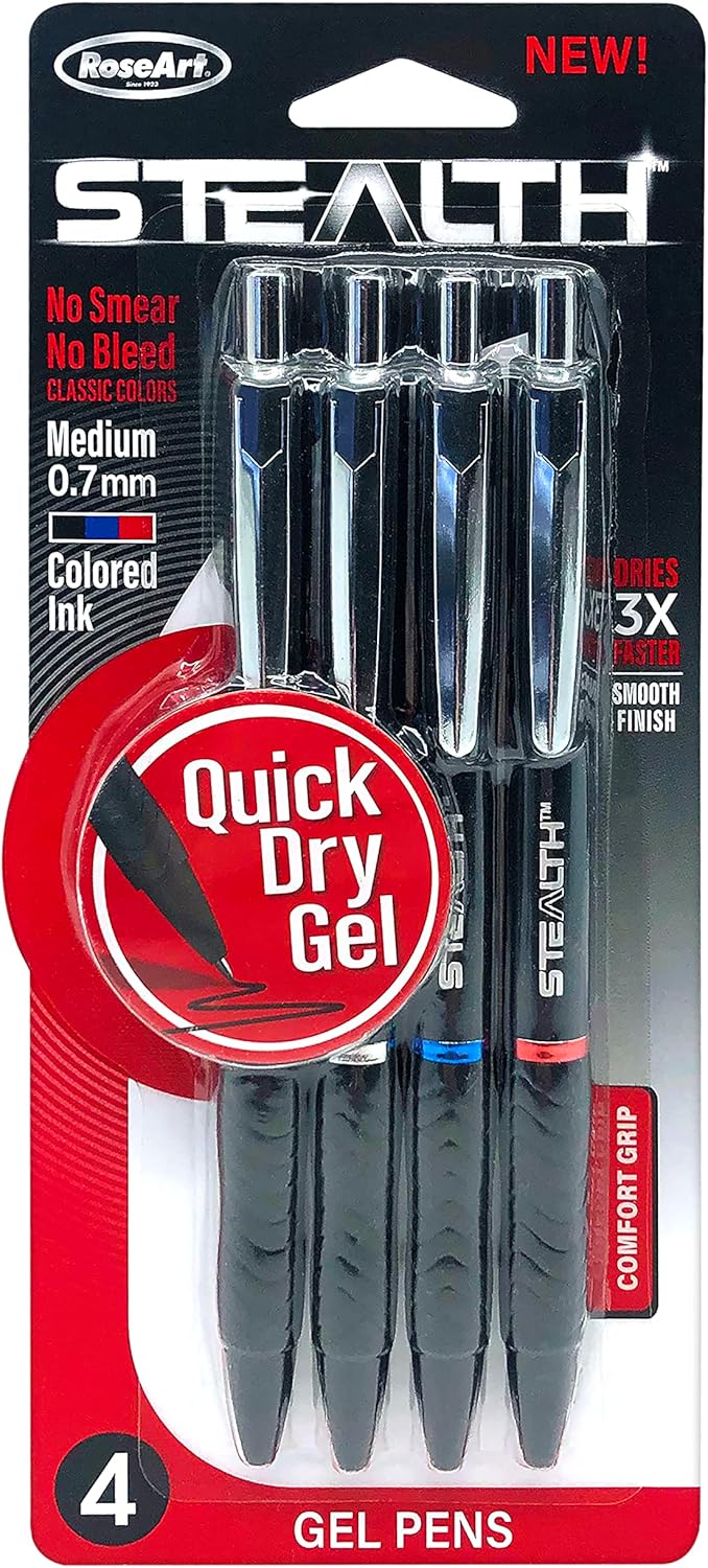 RoseArt Stealth Retractable 4 Count Medium 0.7MM Gel Pen with Comfort Grip, 4 Classic Colors, 2 Black, 1 Blue,1 Red, No Smear, No Bleed