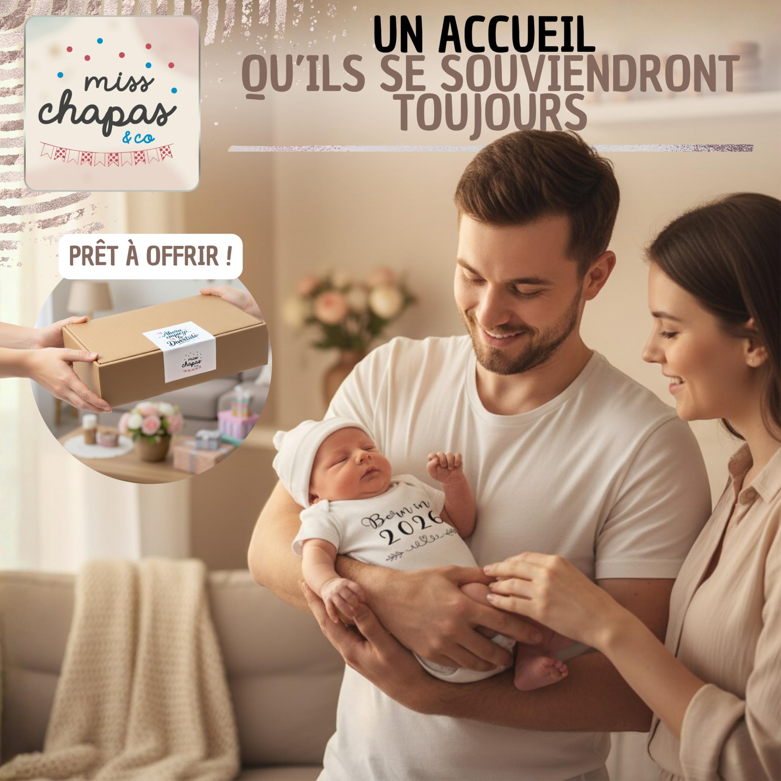Ensemble Bébé Born in 2026" Body + Bonnet – Cadeau de Naissance Original, Baby Shower, Noël | Nouveau-né | Présenté dans une Boîte Kraft Prêt à Offrir