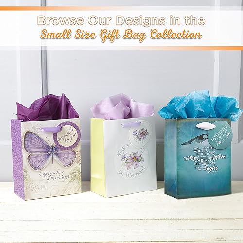 Miniatura 5 de Christian Art Gifts Bolsa de regalo con papel de seda On Wings Like Eagles - Isaías 4031 versículo bíblico inspirador, azul, pequeña