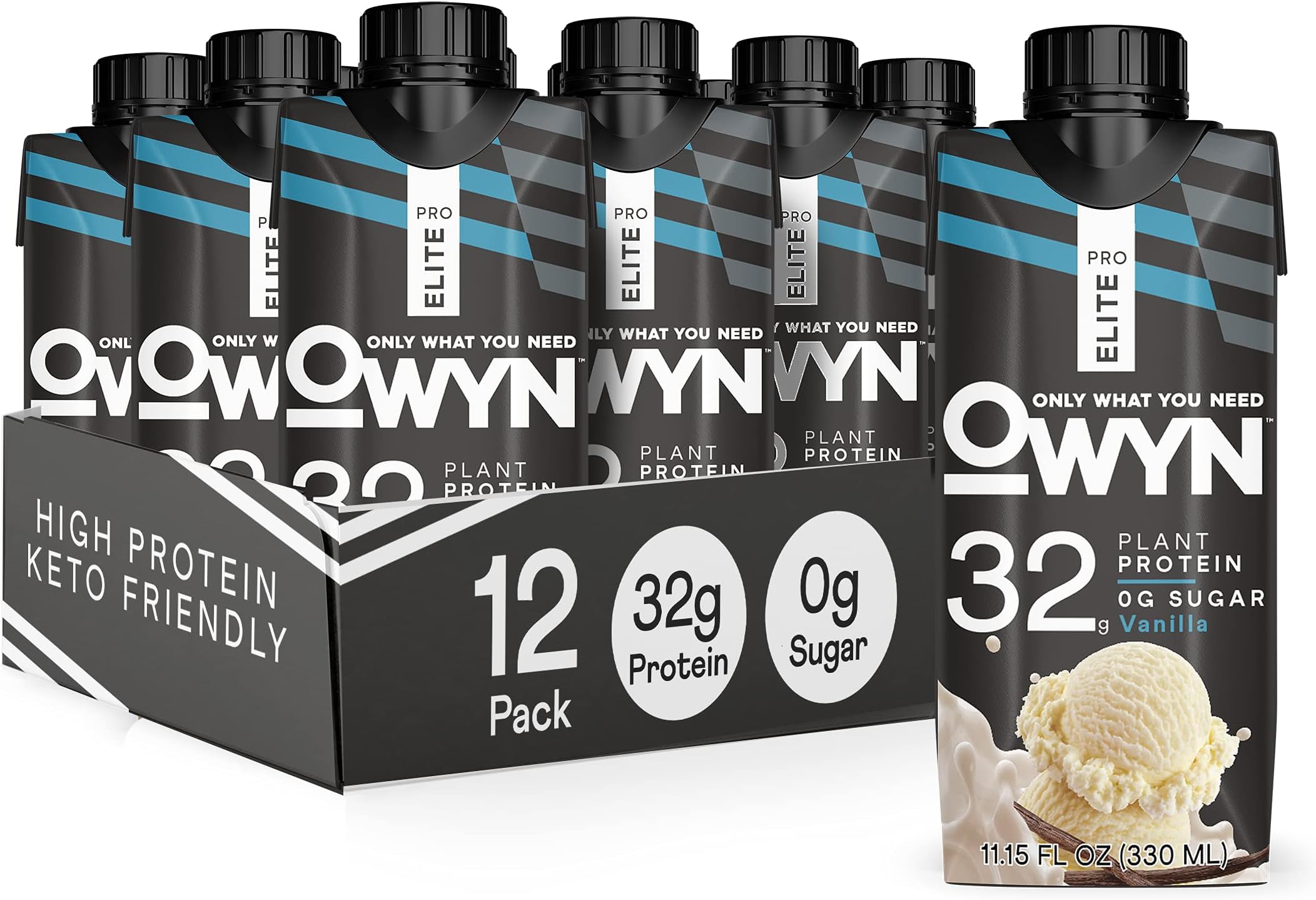OWYN Pro Elite High Protein Keto Shake, Vanilla, 32g Vegan Protein, 9 Amino Acids, Omega-3, Prebiotics, Superfoods Greens, for Workout and Recovery, low carb snack, Zero Sugar (12 Pack)
