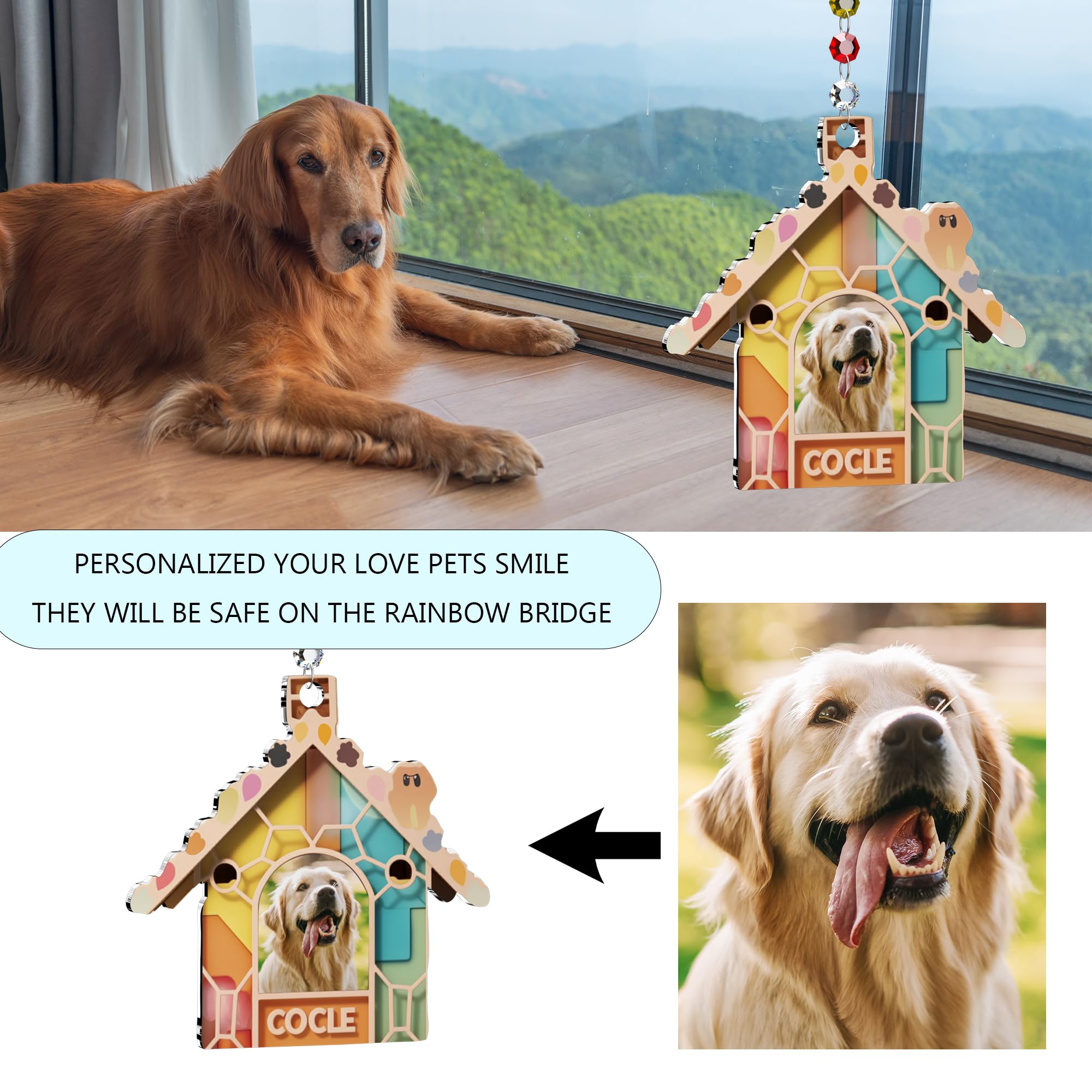 Bivei Dog Memorial Gifts for Loss of Dog, Personalized Suncatcher with Pet Picture & Name, Stained Acrylic Glass Light Catcher, Window Hangings Ornaments, Pet Sympathy Gift Keepsake for Cat/Dog Lover