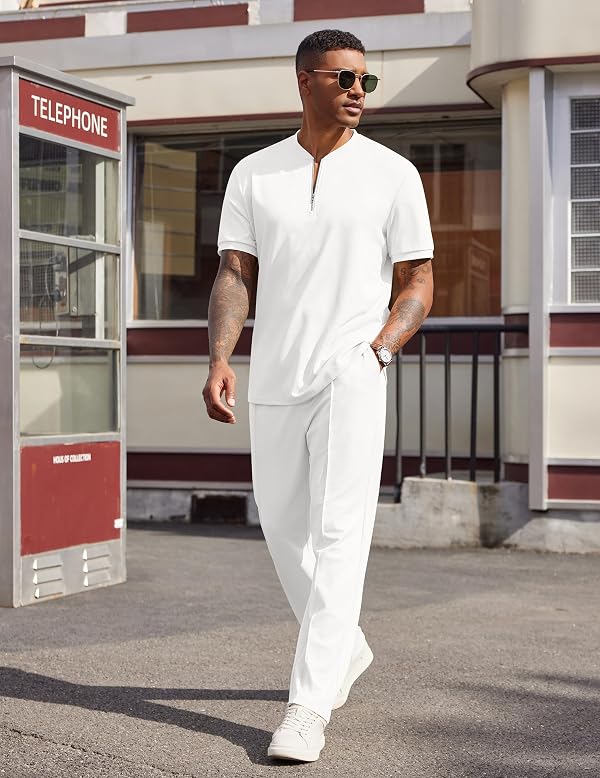 COOFANDY Men's 2 Pieces Outfits Casual Quarter Zip Polo Shirt and Jogging Pants Summer Tracksuits Set by COOFANDY - Image 4