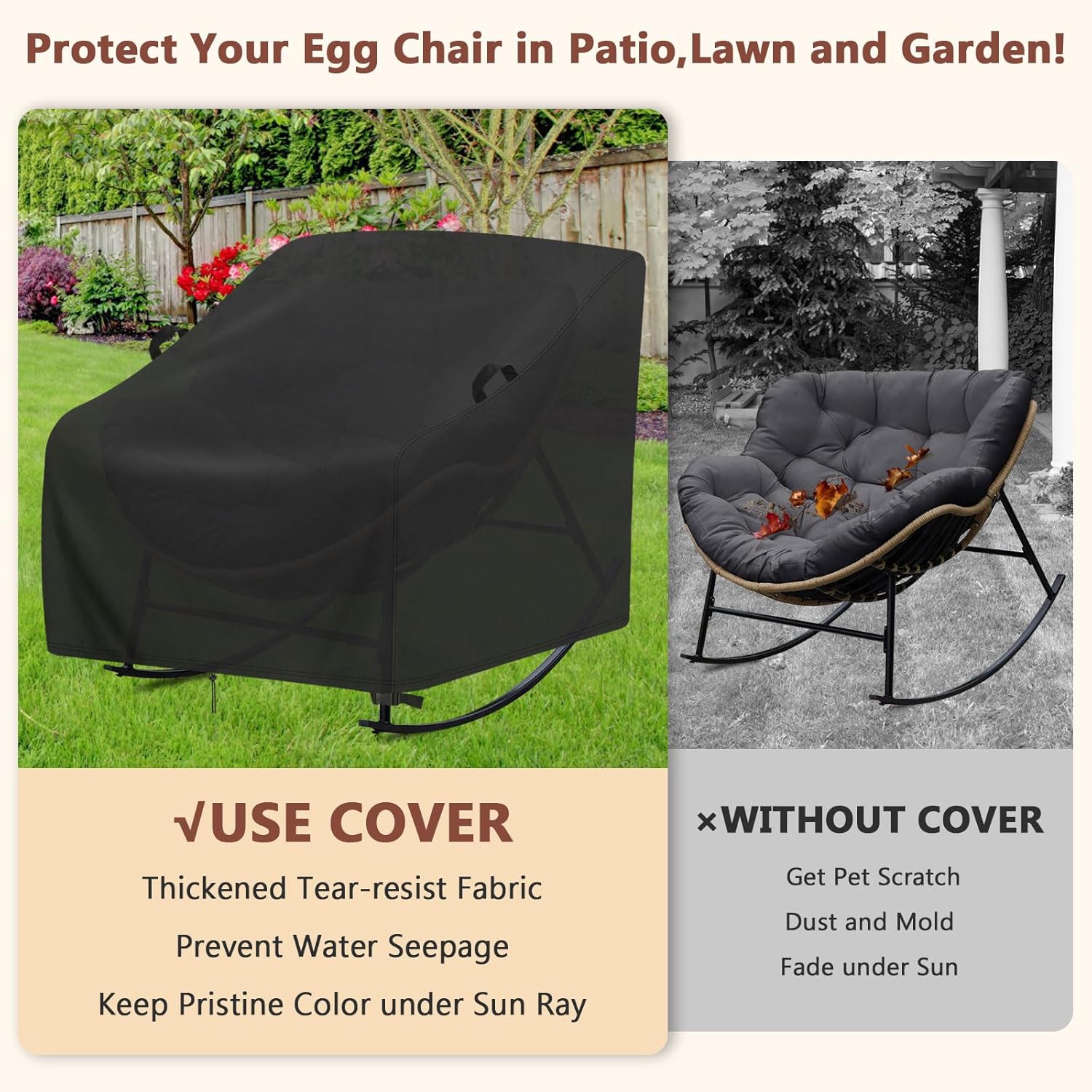 Patio Rocking Chair Cover,Waterproof Covers for Oversized Papasan Chairs,Heavy Duty Shield for Indoor Outdoor Large Egg Rocking-Chairs,Comfy Recliner Glider Covery(2-Pcs,41x45x30in)