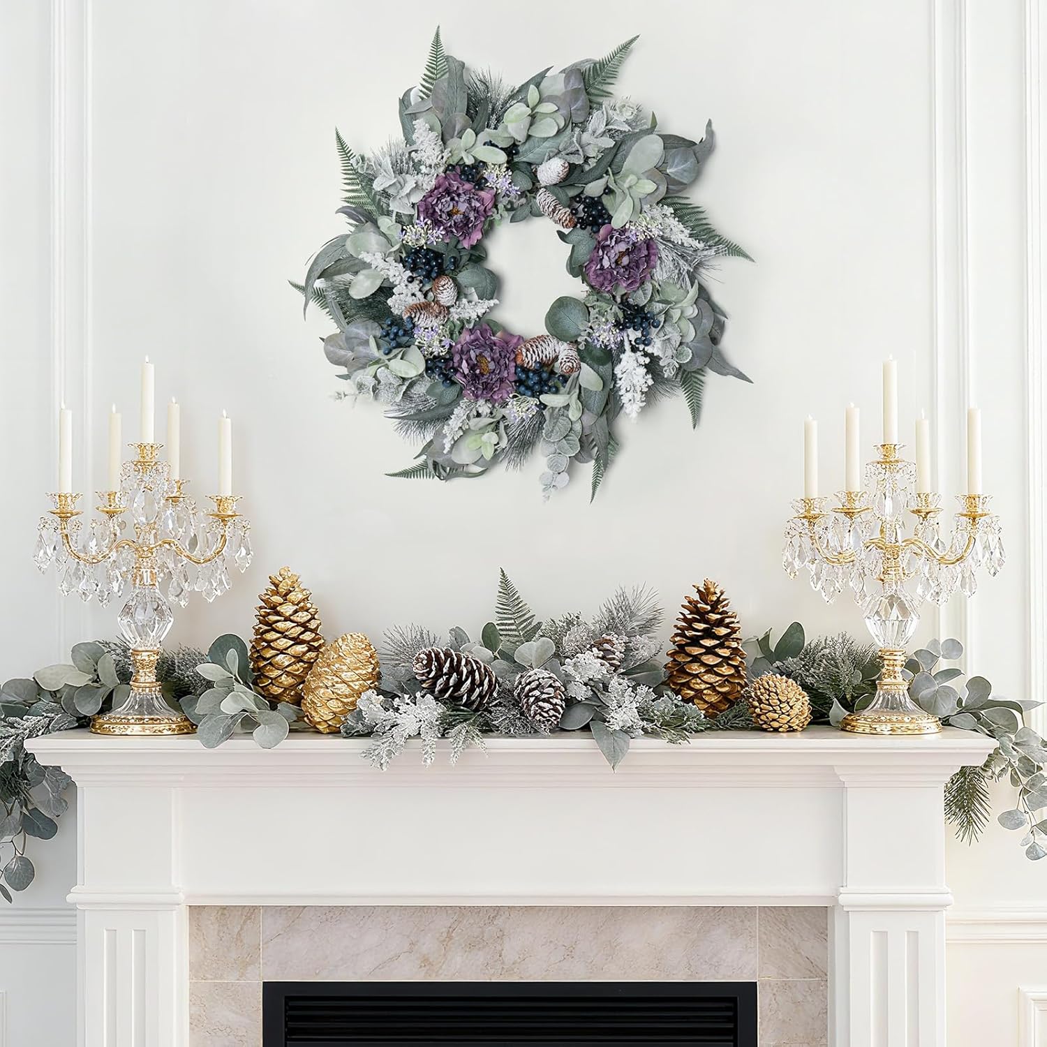 Winter Wreaths for Front Door Outside,Purple Peony Christmas Door Wreath with Pine Cones,Berries,and Frosted Eucalyptus,24 Inch Artificial Christmas Wreath Winter Door Decor