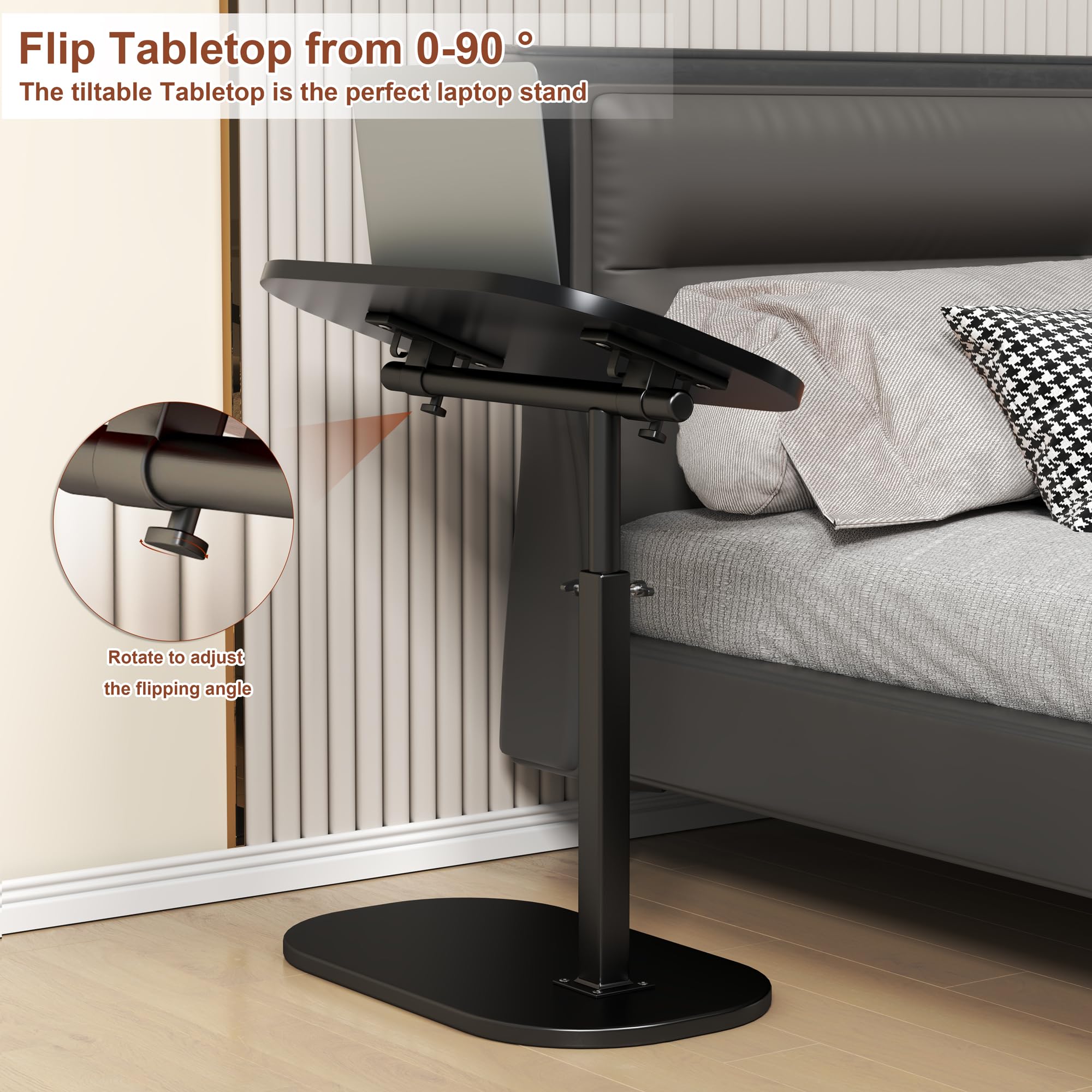 Mesita Auxiliar en Forma de C - Altura Ajustable, Giro de 360°, Base de Metal, Soporte abatible para portátil, Mesa de Centro móvil para sofá y Cama, Tablero de Madera Maciza