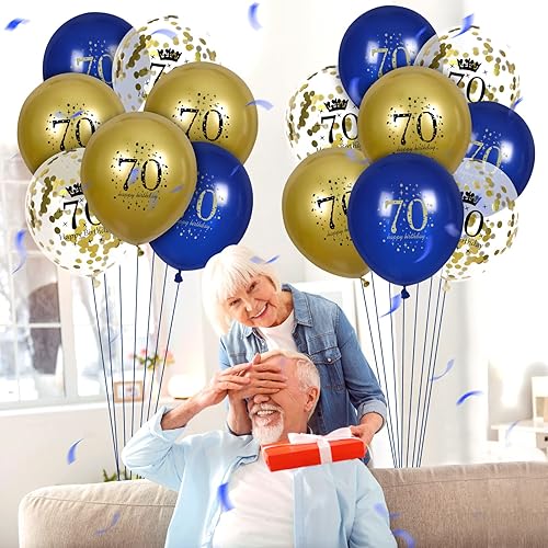 Miniatura 3 de RUMIA Globos de látex de 70 cumpleaños azul marino y dorado, 15 unidades, globos de látex con confeti de feliz cumpleaños 70 para hombres y mujeres,
