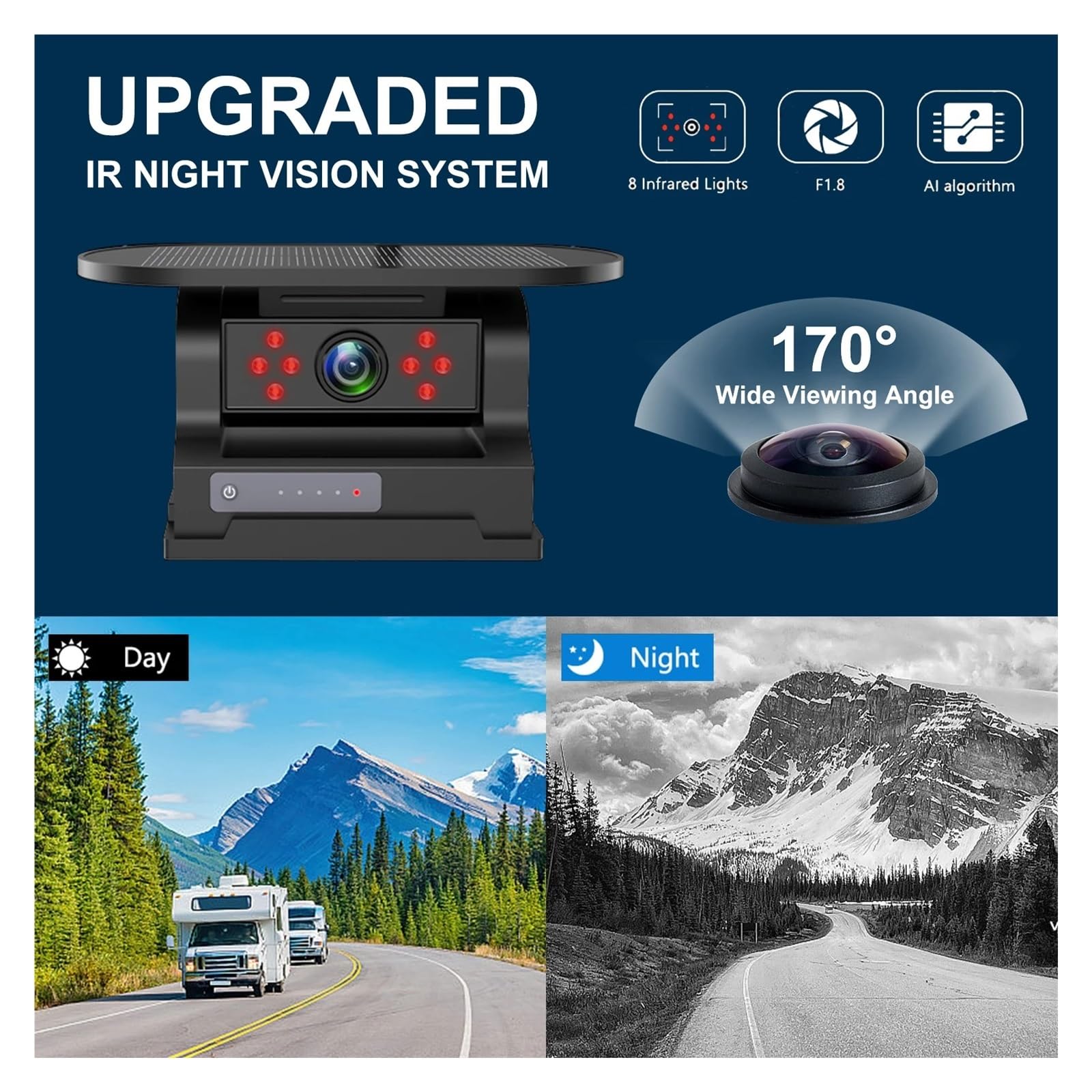 Monitor DVR Inalámbrico con Pantalla Táctil 7 Pulgadas Pantalla Dividida 1/2x BSD Detección IA Cámara Respaldo Solar No Daña Instalación RV Cámara Visión Trasera(64G,2 Kit)