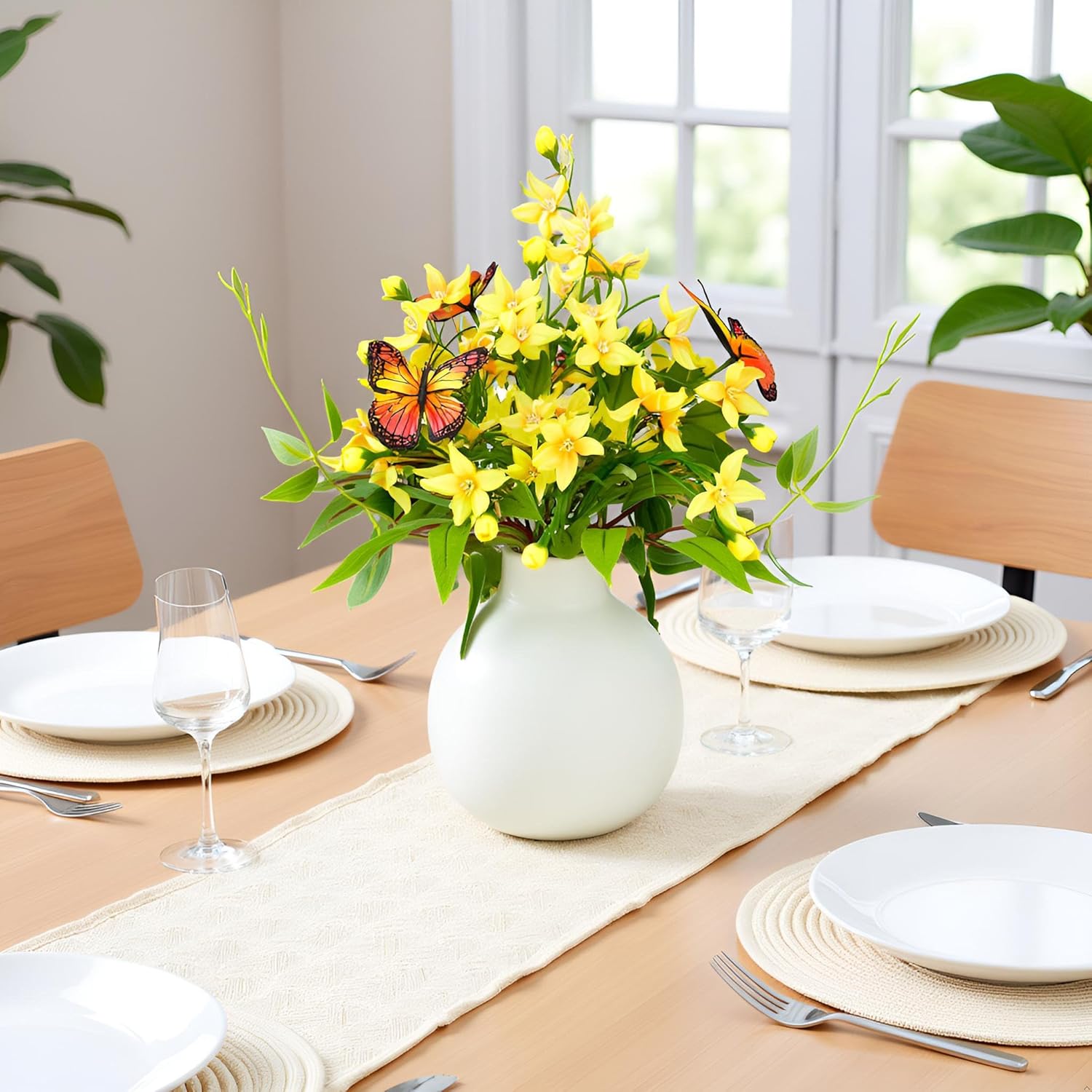 HOSY Artificial Freesia Bouquet in Ivory Ceramic Vase, Silk Flower and Butterfly Arrangements for Table Centerpiece Decoration (Freesia)