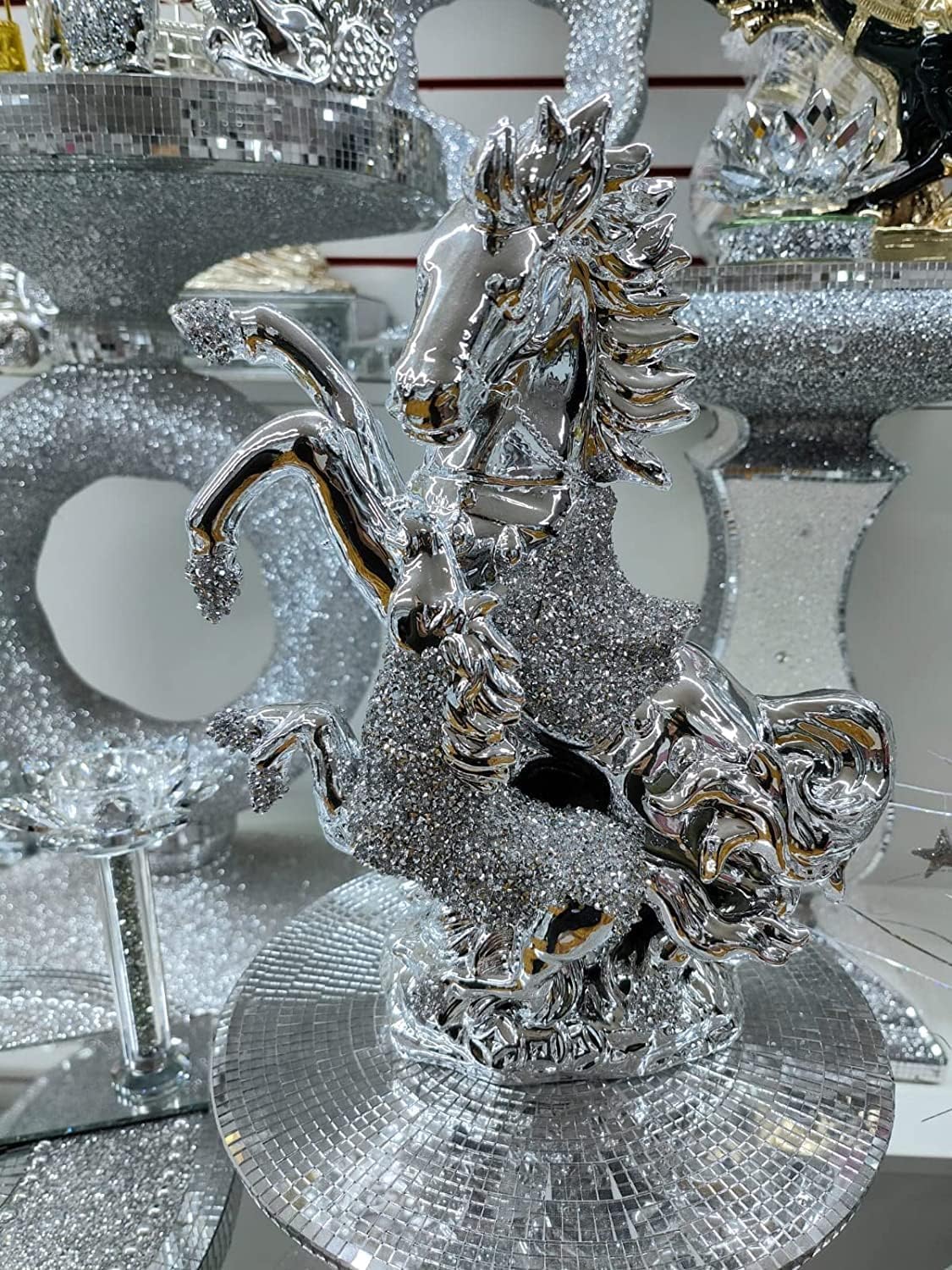 Deenz Silver Chrome Crushed Diamond Horse With Baby Crystal Jewel Ornament Statue Shelf Home Décortion Bedroom Living Room (Silver)