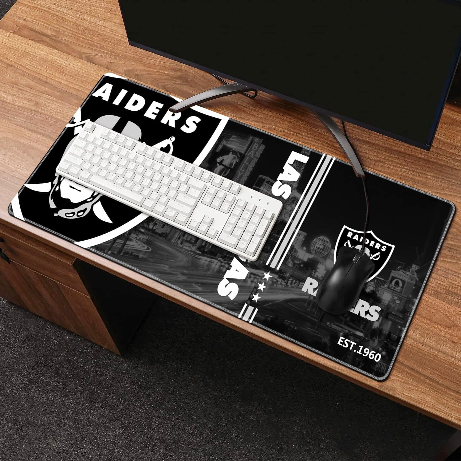 Large Stitched Edges Gaming Mouse Pad,31.5 X 13.8 Inch Mousepad for Laptop Computer Desktop Keyboard,City Design Black Sport Mat for Football Fans