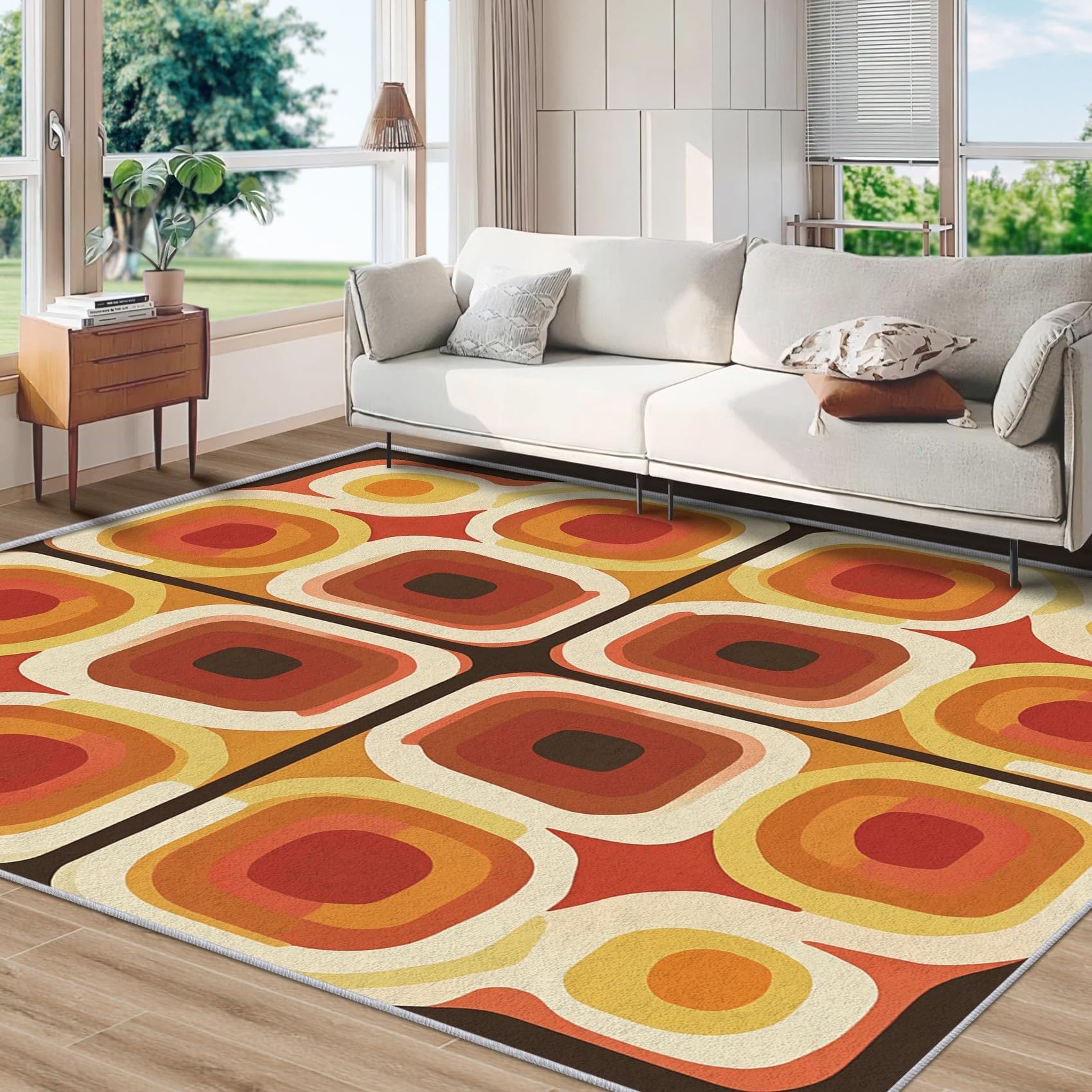 Tappeto antiscivolo anni '70, tappeto con motivo geometrico a cerchi, tappeto lavabile con estetica astratta per soggiorno, camera da letto, cameretta dei bambini, 90x180cm