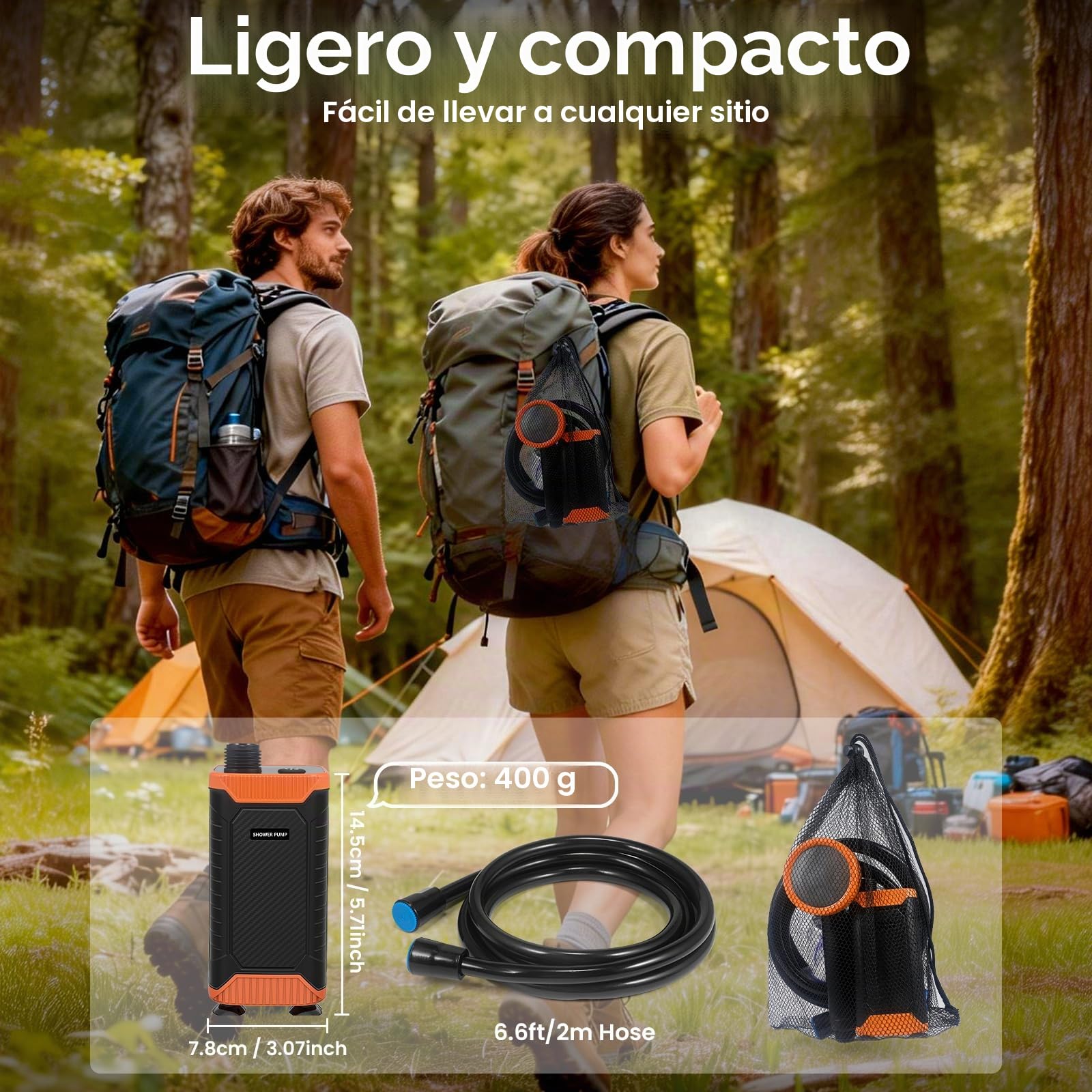Ducha Portátil de Camping, Bomba Recargable 8000 mAh con Doble Velocidad, IPX8, Pantalla Digital Inteligente - Kit para Exteriores Ideal para Viajes, Lavado de Coches y Baño de Mascotas