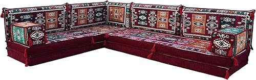 Miniatura 7 de arabicsofa Sofá de piso árabe granate en forma de L - Juego de asientos modulares de esquina para habitación de invitados
