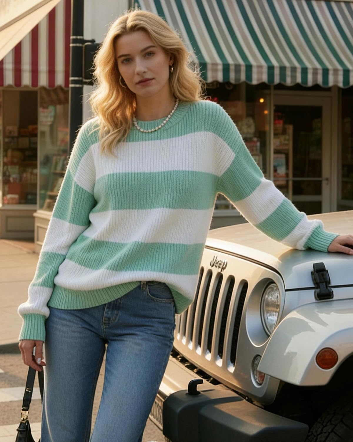 Women Loose Striped Sweater Color Block Pullover Tops Lantern Sleeve Crewneck Knit Fall Winter Sweaters for Women - Image 2