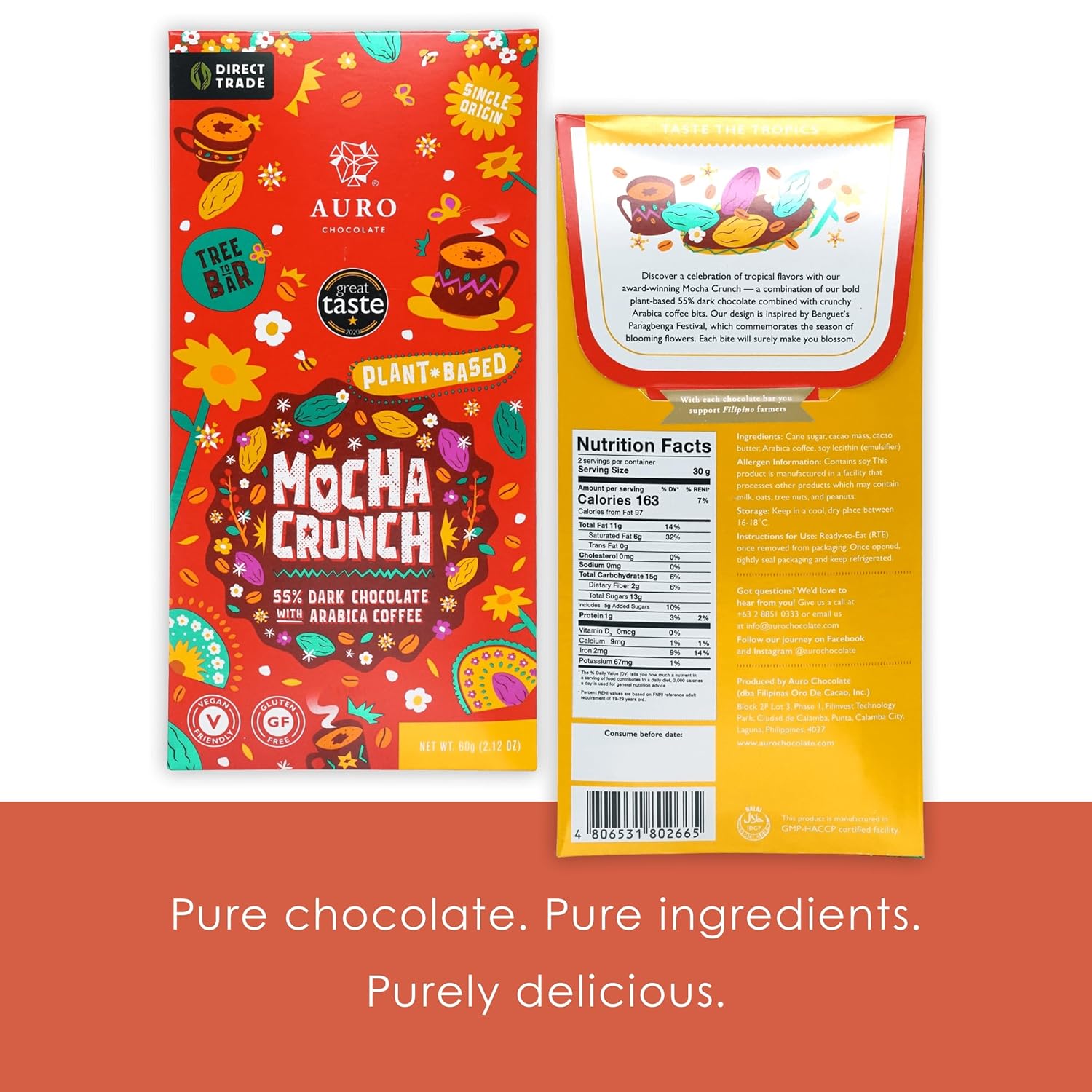 Auro Mocha Crunch 55% Dark Chocolate 3 Pack - Filipino Chocolate - Premium, Made At Origin, Direct Trade, Bean-to-Bar, Woman Owned, BIPOC Owned - Vegan, Halal - Bundle