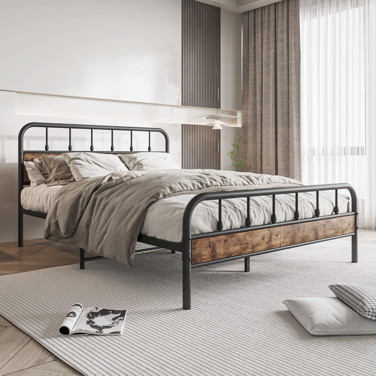 Black Queen Bed Frame with Wooden Headboard,Metal Platform Bed Frames
