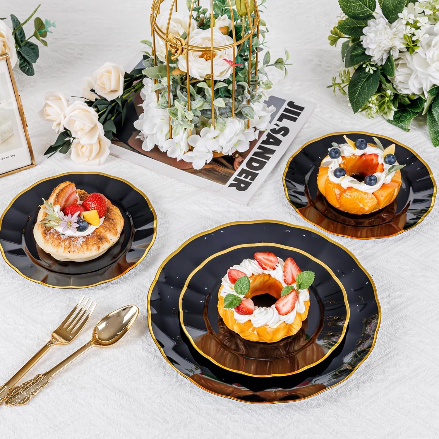 supernal 60pcs Black and Gold Birthday Plates Plastic Plates for Party and Fancy Disposable Plate Heavy Duty Scalloped Plate Wedding Disposable Dinnerware Included 30 Dessert & Dinner Plate