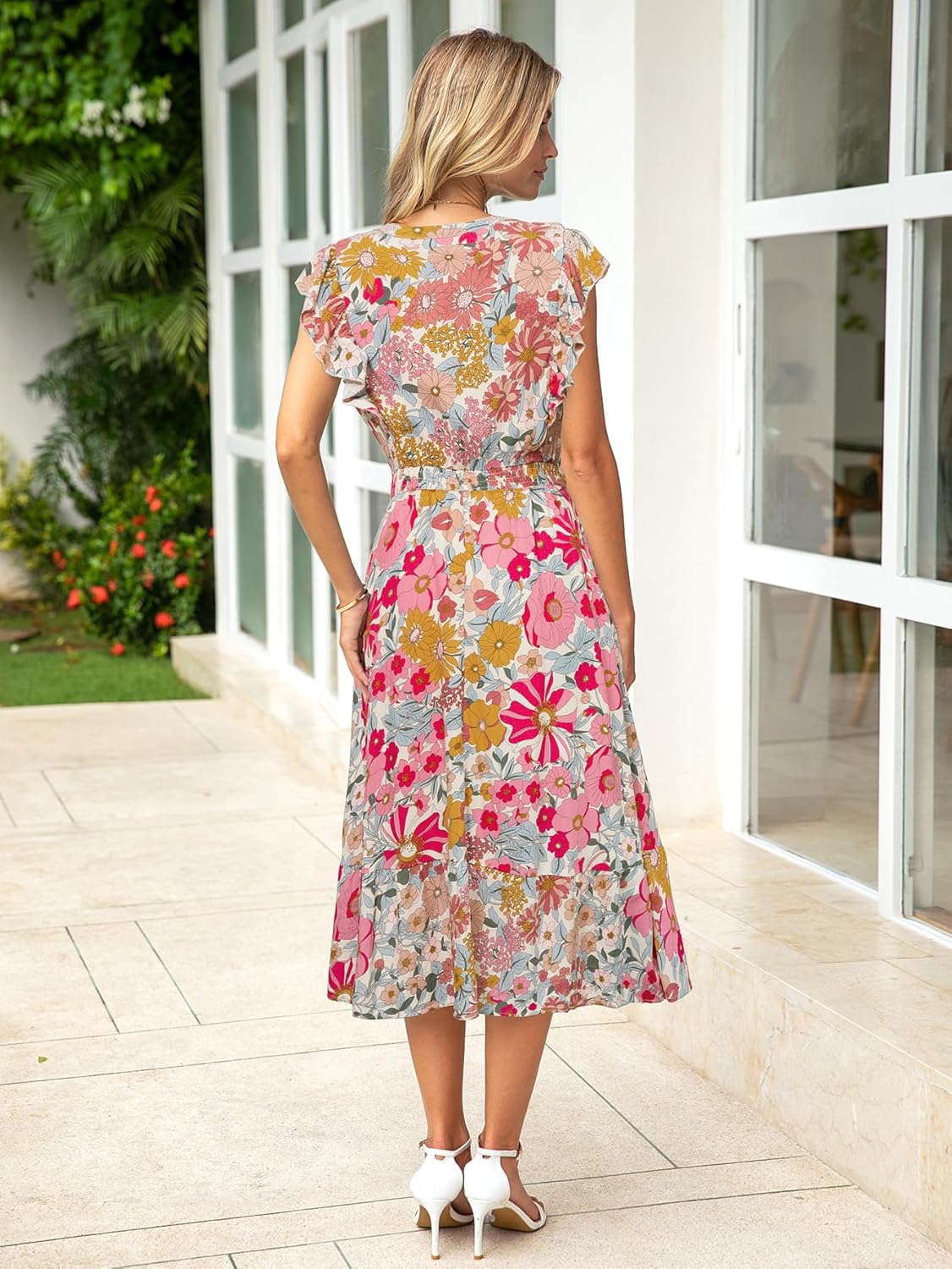 BerryGo Womens Summer Floral Maxi Dress Casual Boho V Neck Ruffle Short Sleeve Beach Long Dresses with Pockets - Image 6