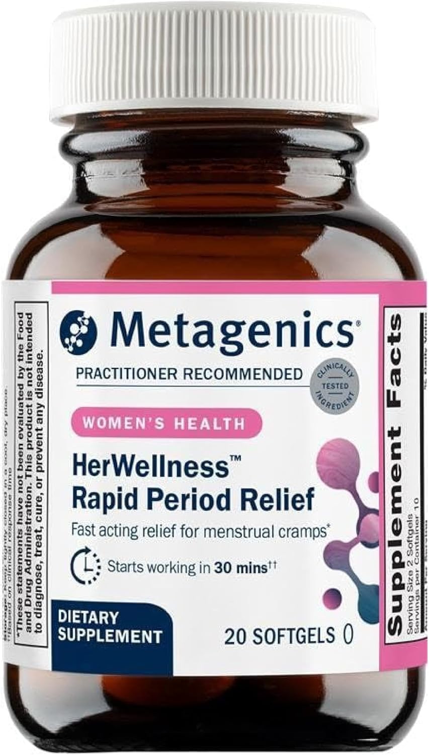 Metagenics HerWellness Rapid Period Relief - Fast-Acting Herbal Support with Turmeric, Boswellia & Galangal - Targets Menstrual Cramps, Back Soreness, Head Tension & Fatigue - Drug‑Free - 20 Softgels