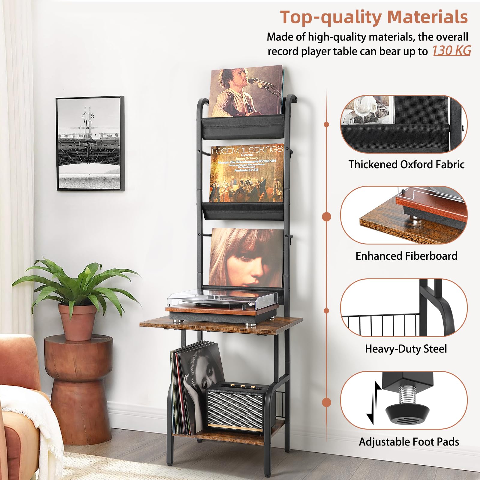 Bikoney Mueble Tocadiscos con Almacenamiento para hasta 200 Discos de Vinilo, Mesa para Tocadiscos de 3 Niveles con Estante Expositor, Soporte de Madera y Metal para Salón y Dormitorio