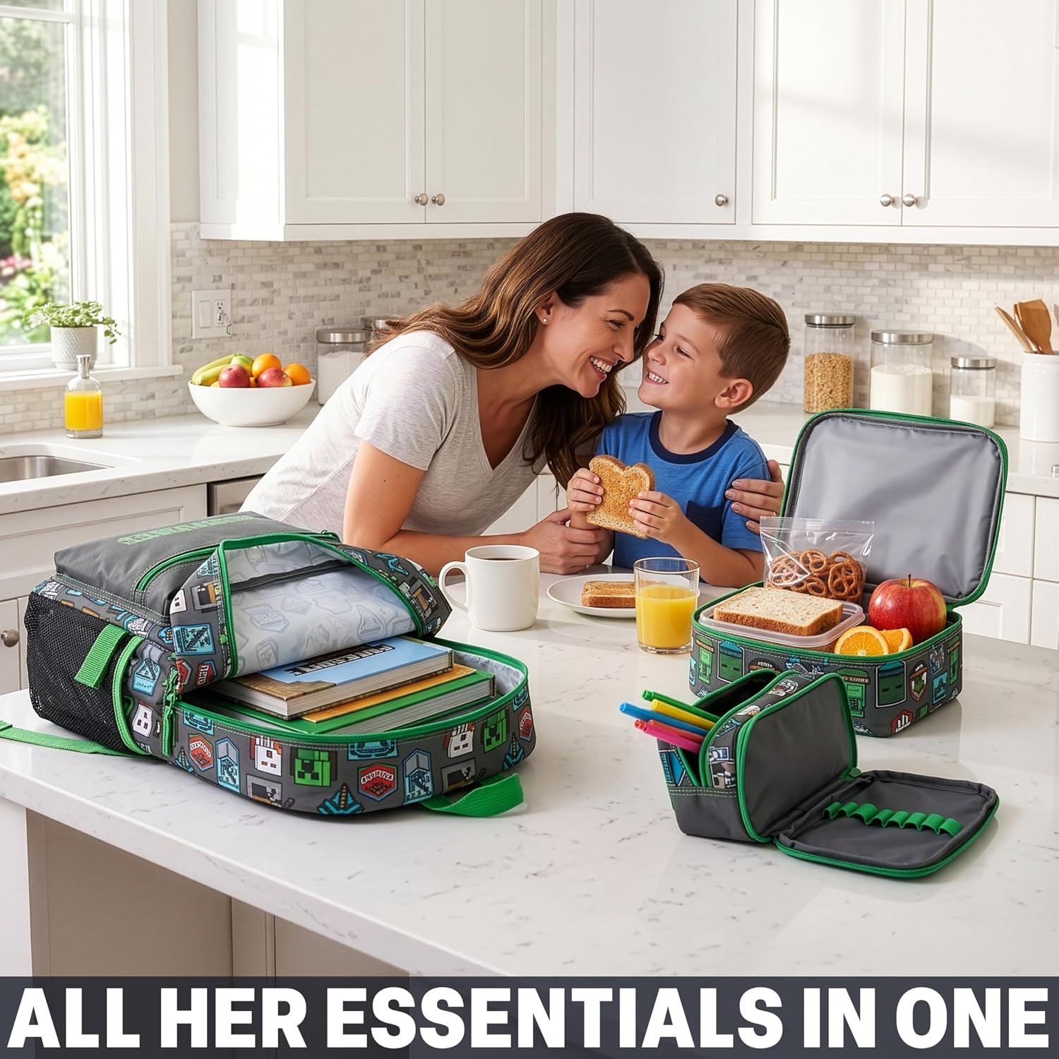 Get Trend Minecraft Kids Backpack Set for Boys with Insulated Lunch Bag & Pencil Case, 3 Pc Book Bag with Padded Straps for School, Travel, Creeper Gamer Gifts for Boys (Grey/Green Minecraft)