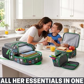 Get Trend Minecraft Children's Backpack Set, School Case and Isothermal Lunch Bag, Complete School Backpack, Children's Set for School, Travel and Leisure, Grey/Green Minecraft, 3 Piece Backpack Set