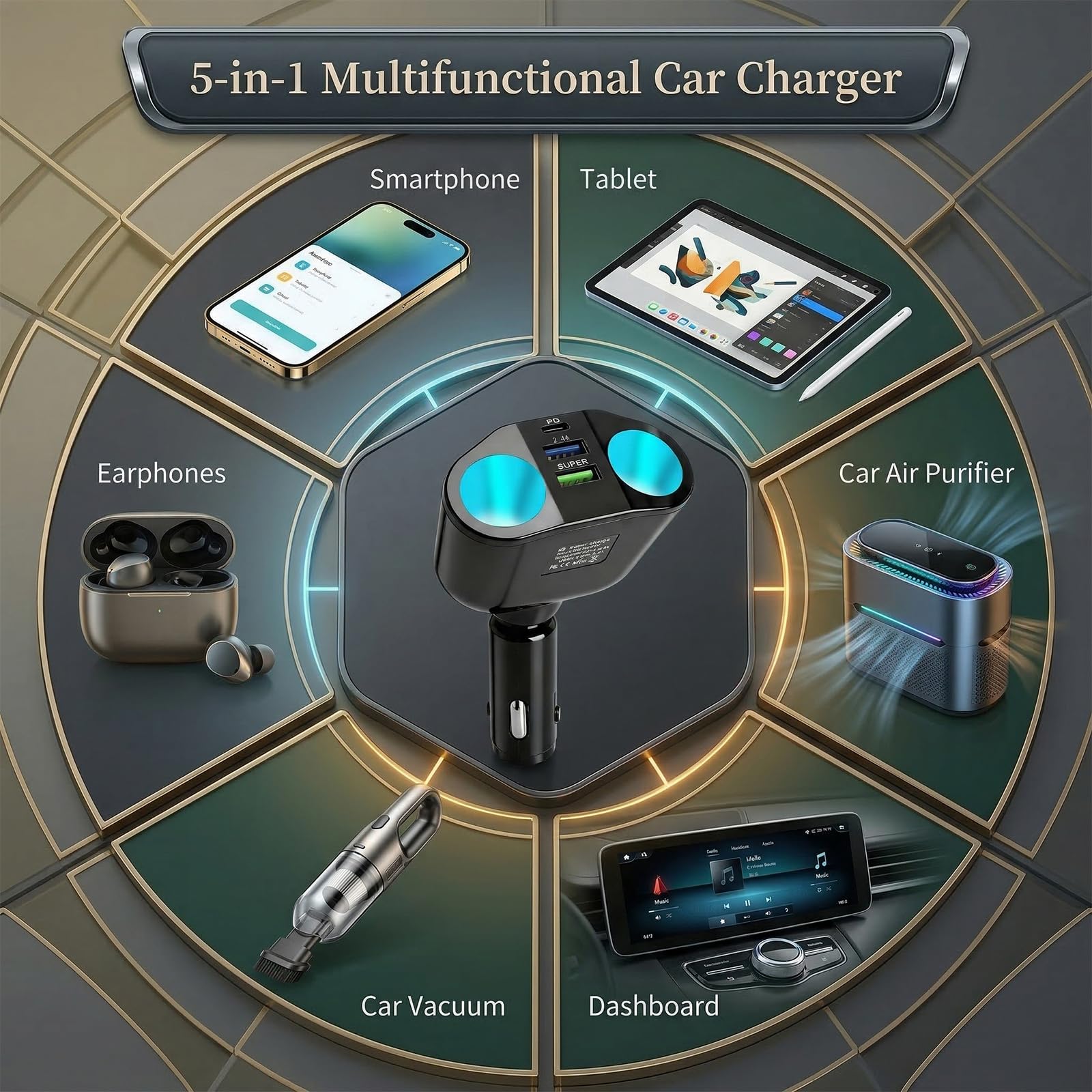 5-en-1 Chargeur Voiture Allume-Cigare 120W, Multiprise Allume-Cigare | USB C avec Voltmètre LED Rotatif 360°, Adaptateur 12 V/24 V Compact et Sécurisé Voiture, Camion, Téléphone et Tablette, SUV