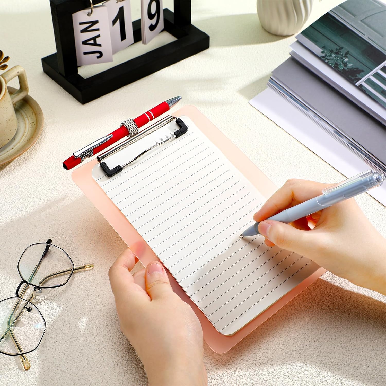 Qilery 24 Pcs Bulk Mini Clipboards with Pen Holder Clip A5 Memo Clipboard 6x9 Small Plastic Clip Boards for School Office Restaurant Cafe Hotel Shopping List, Pen Not Included, Pink