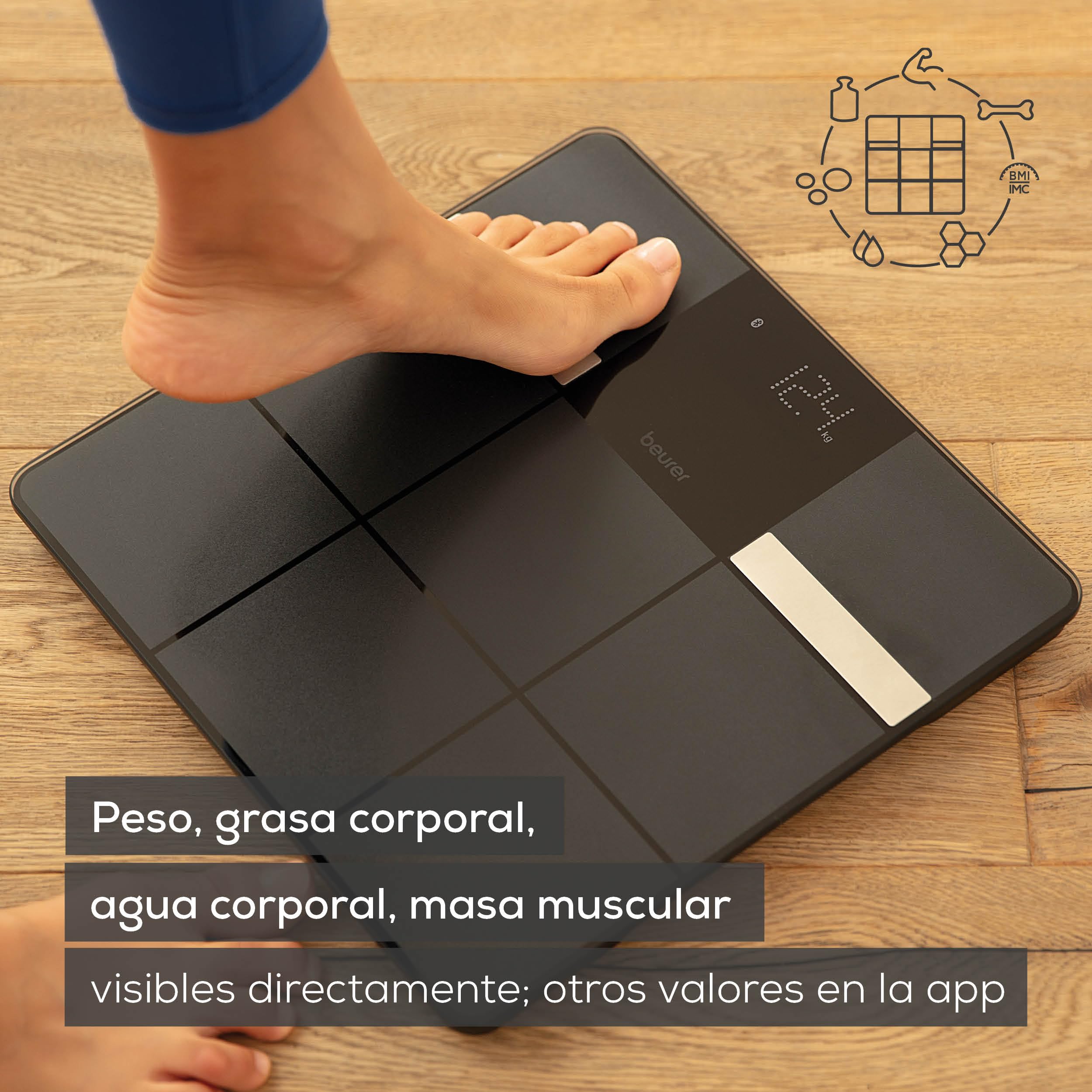 Beurer BF 450 báscula personal con conexión a la aplicación, báscula de grasa corporal digital con 17 valores de medición, estructura de baldosas mate, 8 memorias de usuario, 180 kg