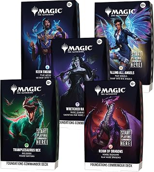 Magic The Gathering Foundations Commander Deck Bundle - All 5 Decks Calling All Angels, Keen Engineering, Wretched Ranks, Reign of Dragons, Tramplesaurus Rex