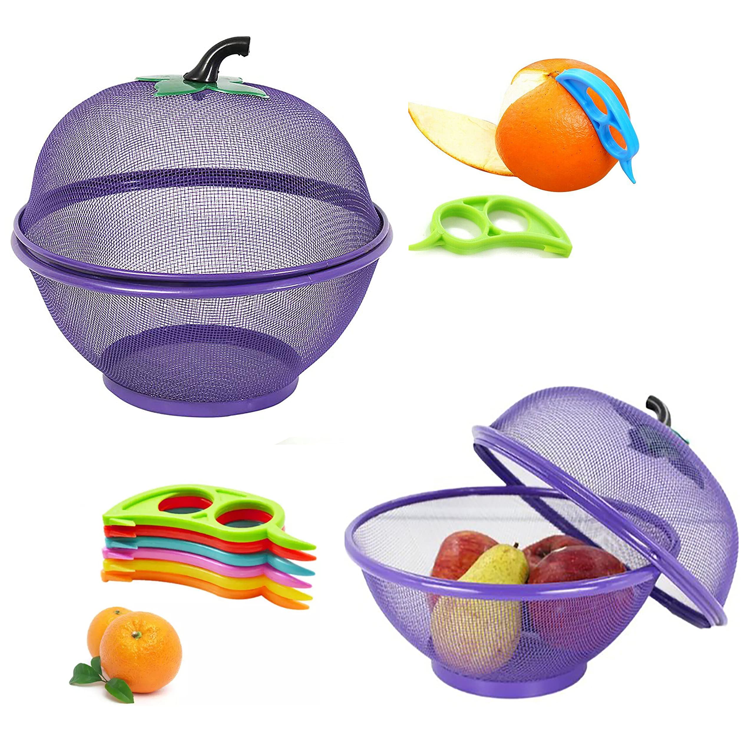Hk Online Purple Basket, Peeler & Torch Apple Mesh Fresh Fruits Basket, Keychain Torch & Citrus Peeler -Keep Unwanted Pets & Insects Out (Purple Basket, Peeler & Torch)
