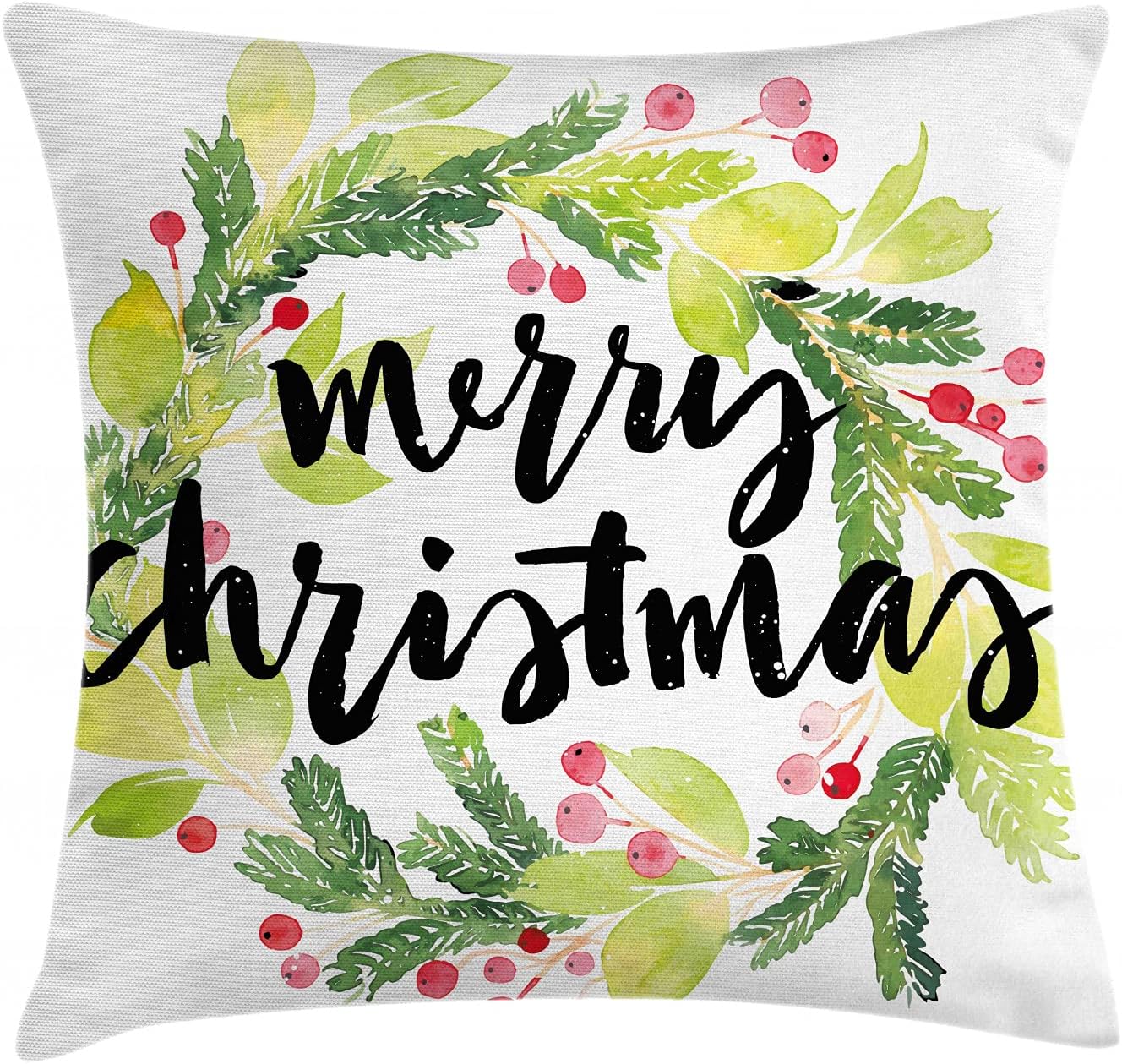 Ambesonne Christmas Throw Pillow Cushion Cover, Watercolor Painting Style Christmas Wreath and Hand Lettering Mistletoe, Decorative Square Accent Pillow Case, 20" X 20", Black Green