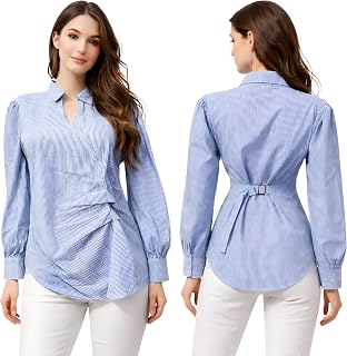 BOOSTY Women's Blue Striped Long Sleeve Shirt, V-Neck Collared Blouse with Back Belt Dress Price In India