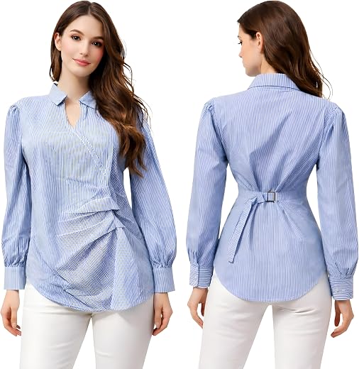 BOOSTY Women's Blue Striped Long Sleeve Shirt, V-Neck Collared Blouse with Back Belt Dress