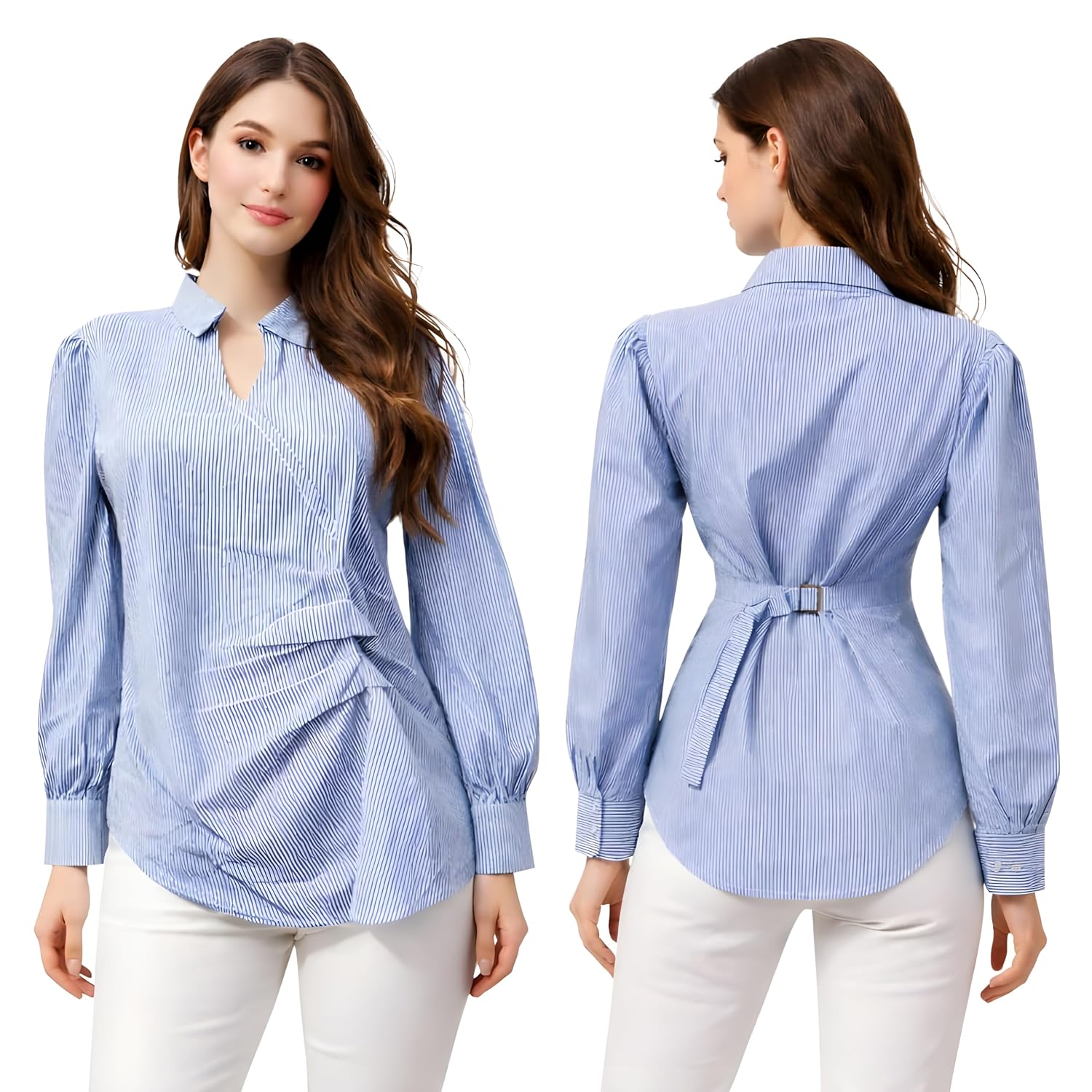 BOOSTY Women's Blue Striped Long Sleeve Shirt, V-Neck Collared Blouse with Back Belt Dress - Review, Price and Buying Guide