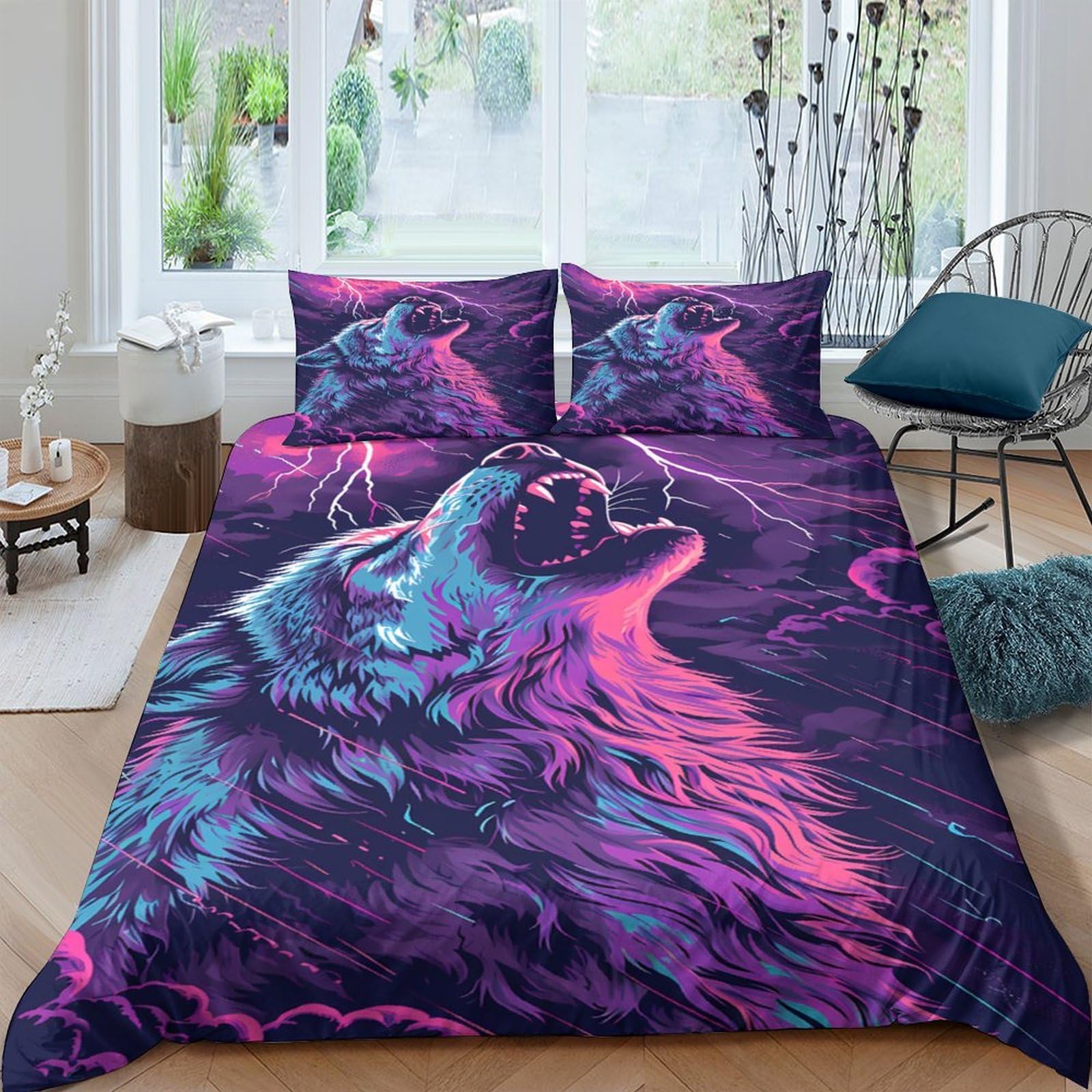 Ctjqhvkz Style-1 3D Printed Neon Wolf Fitted Sheet Microfiber Soft Breathable Purple Lightning Mattress Cover For Bedroom Dorm Decor Single（135X200cm）