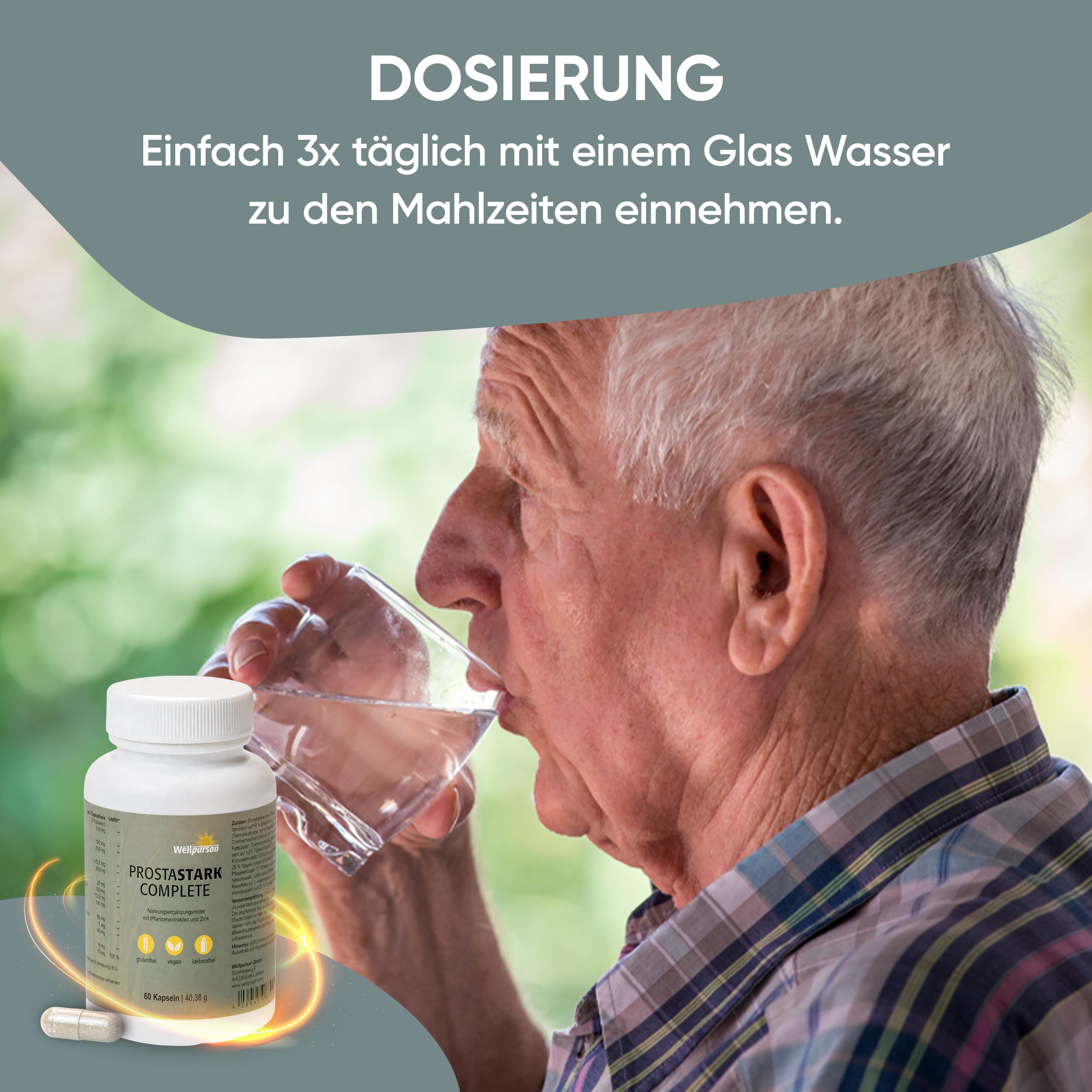 Wellpursan Prostastark Complete – 2 x 60 Stück Prostata Kapseln mit Granatapfel, Sägepalme, Kürbiskernextrakt & Zink – Hochdosierter Pflanzenkomplex – Vegan, glutenfrei & hergestellt in Österreich