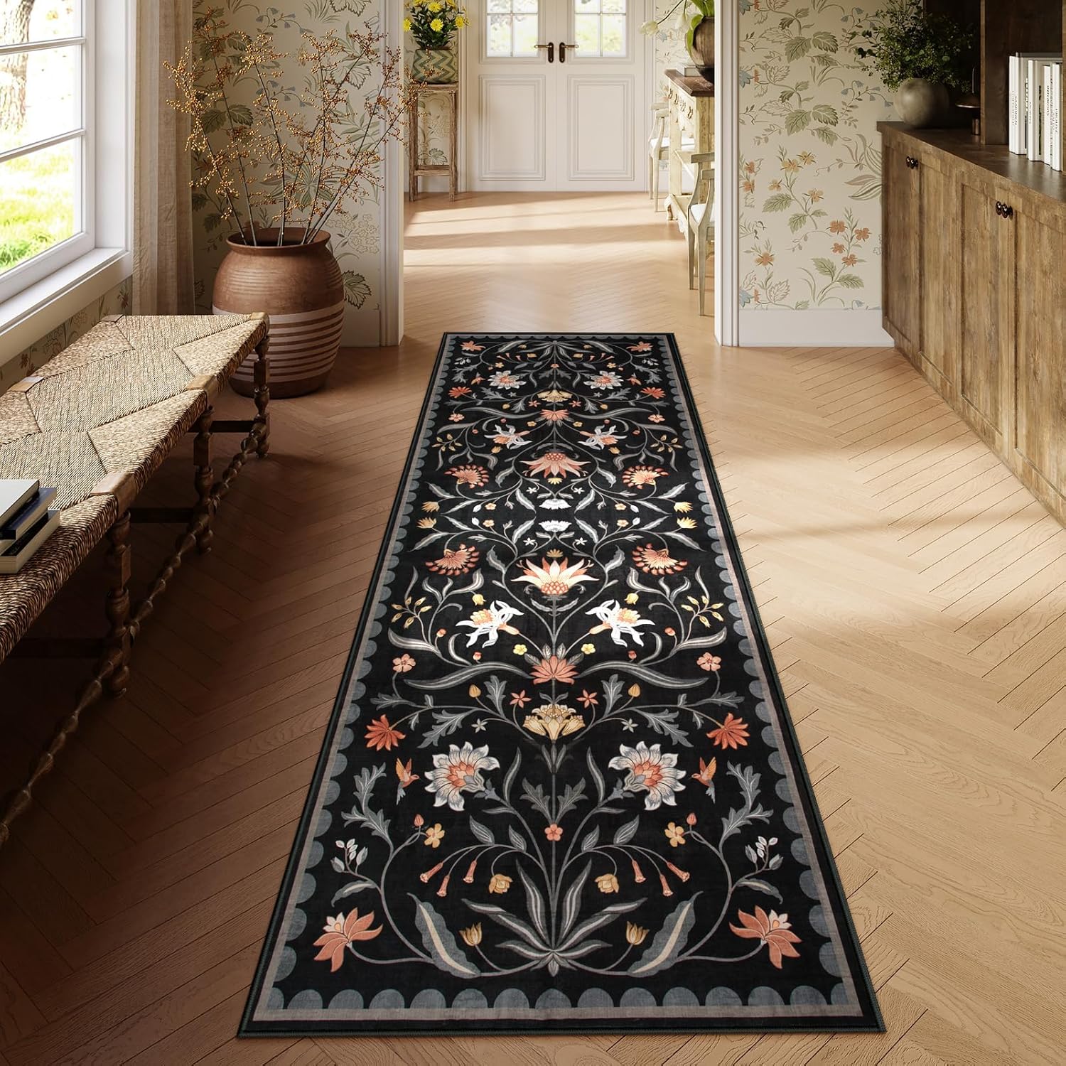 Lahome Boho Floral 2'6"x8' Washable Runners for Hallways, Kitchen Runner Rugs Non Skid Ultra-Thin, Soft Hallway Rug Throw Carpet Runners for Bedroom Bathroom Laundry Room (Black,2.6x8ft)