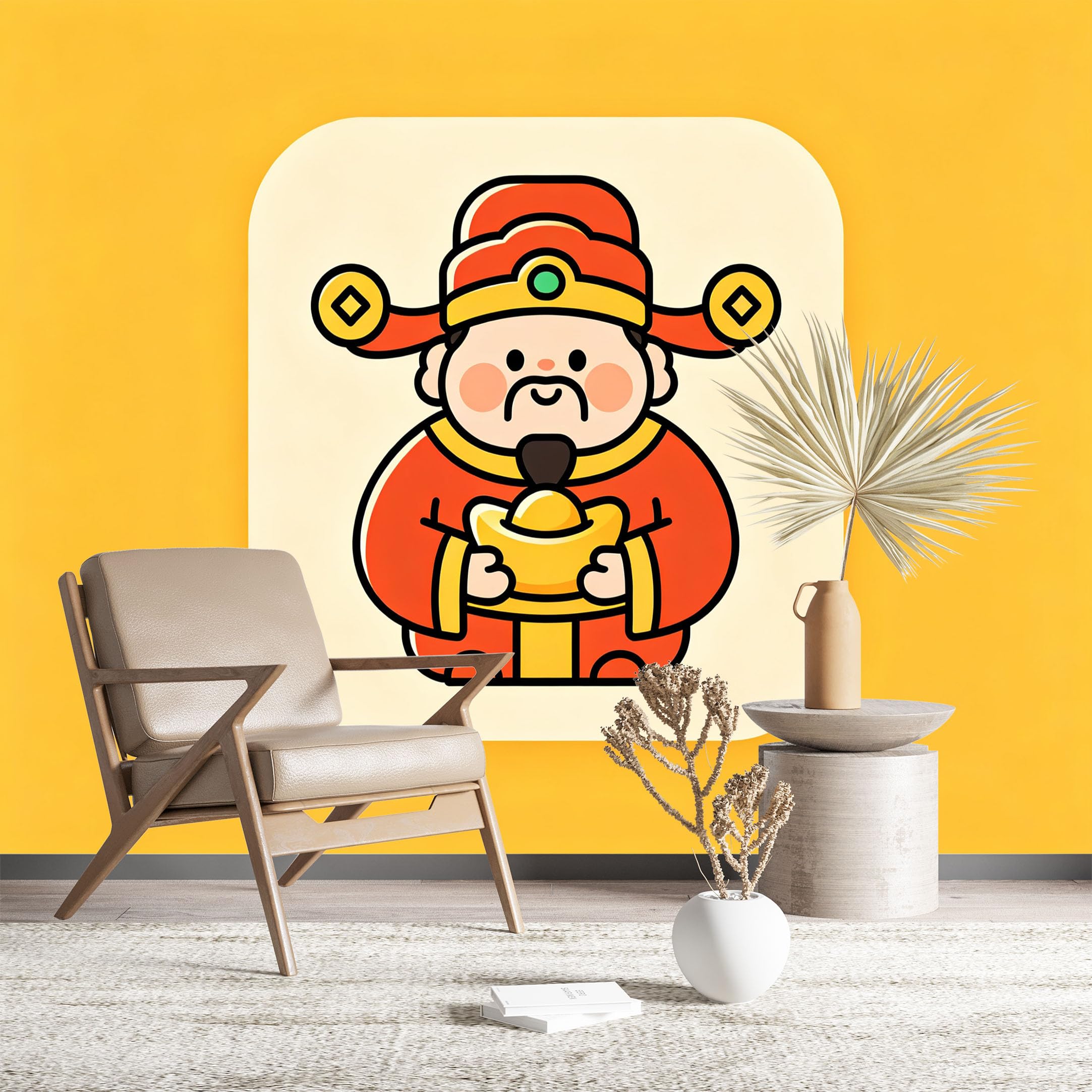 Custom Size Wall Murals Cute God of Wealth Cartoon Wall Murals Festival Wallpaper Vivid Self-Adhesive Removable Wallpaper for Living Room Home Decor