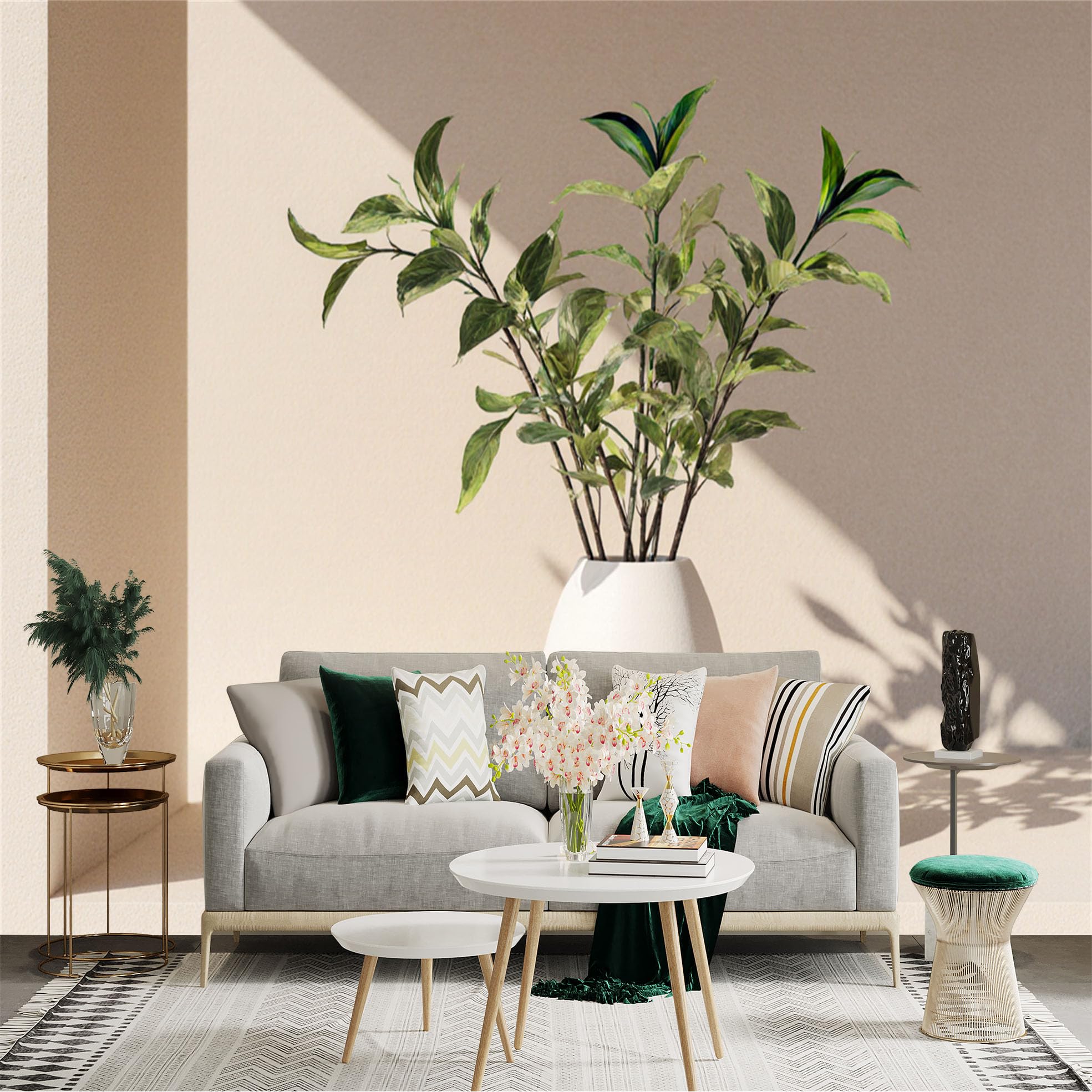 Custom Size Wall Sticker Mural， Minimalist Potted Plant， Fresh Green Foliage， Modern Beige Interior Decor， for wall Decoration， peelandstick wall Decals.
