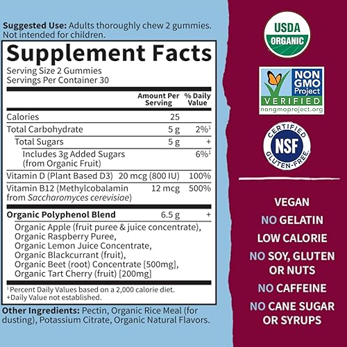 Miniatura 6 de Garden of Life Gomitas de raíz de remolacha orgánicas hechas de pectina con antioxidantes, vitamina C, vitamina D y B12 para la salud del corazón y