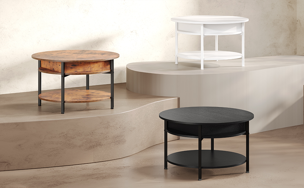 Table Basse Ronde Relevable Avec Plateau Et Étagère - Design Blanc Et Gris, 70x70x50 Cm, Parfaite Pour Salon Ou Bureau - 5