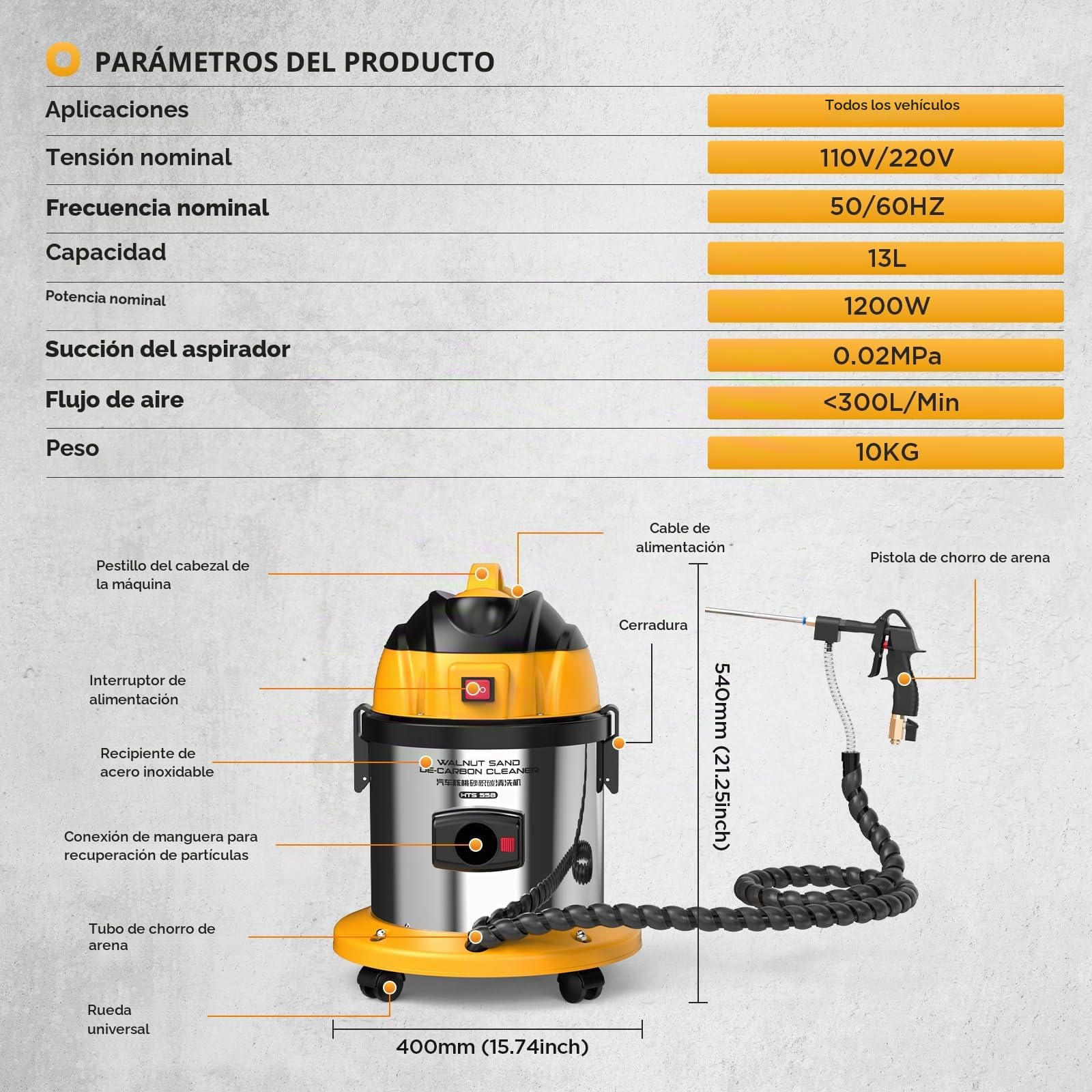 Máquina de chorro de arena de nuez HTS558, Eliminación de carbono en motor para reducir consumo de combustible, limpieza de válvulas de admisión - Incluye 5 adaptadores y 2 kg de arena de nuez