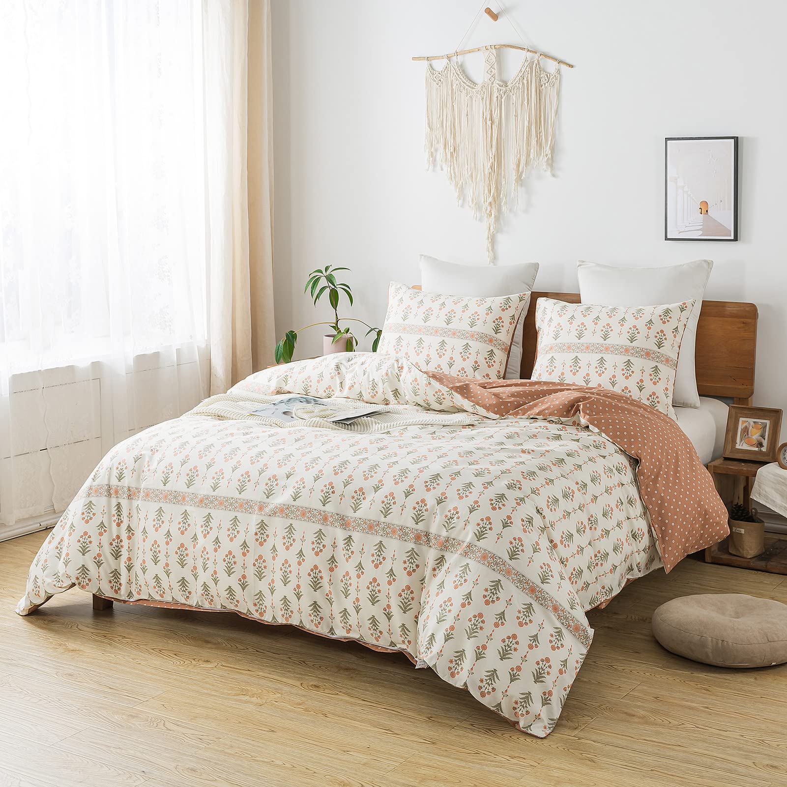 HoneiLife Queen Duvet Cover Set - 100% Cotton Comforter Cover Floral Duvet Cover Sets,Breathable Duvet Cover with Zipper Closure and Corner Ties,3pcs Wildflower Comforter Cover Sets-Sweet Grass