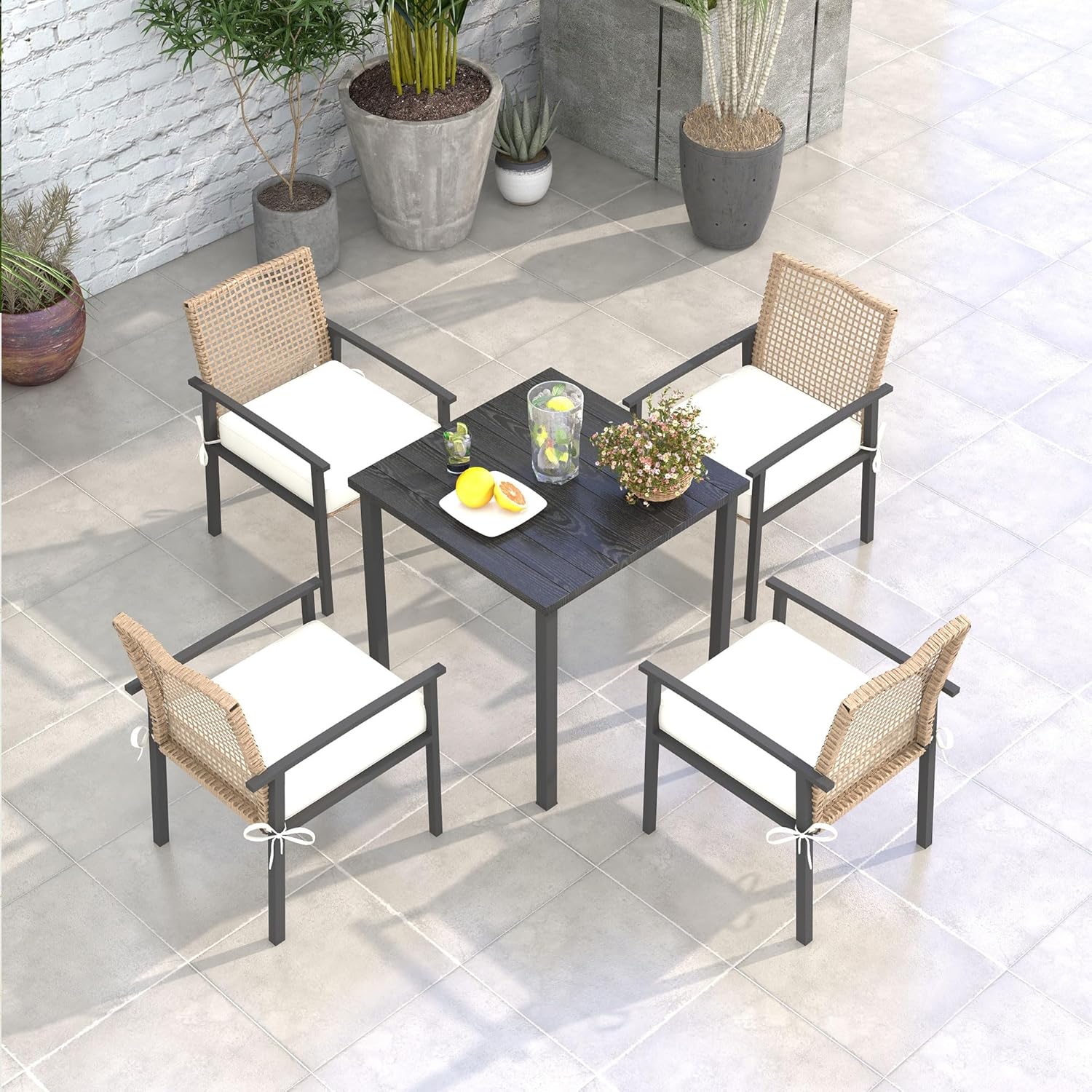 Outsunny 5 Pieces Outdoor Dining Set for 4, Wicker Rattan Patio Furniture Set, Patio Table and Chairs Set with Cushions, Square Metal Table Top, Conversation Set for Garden, Backyard, Deck, Beige
